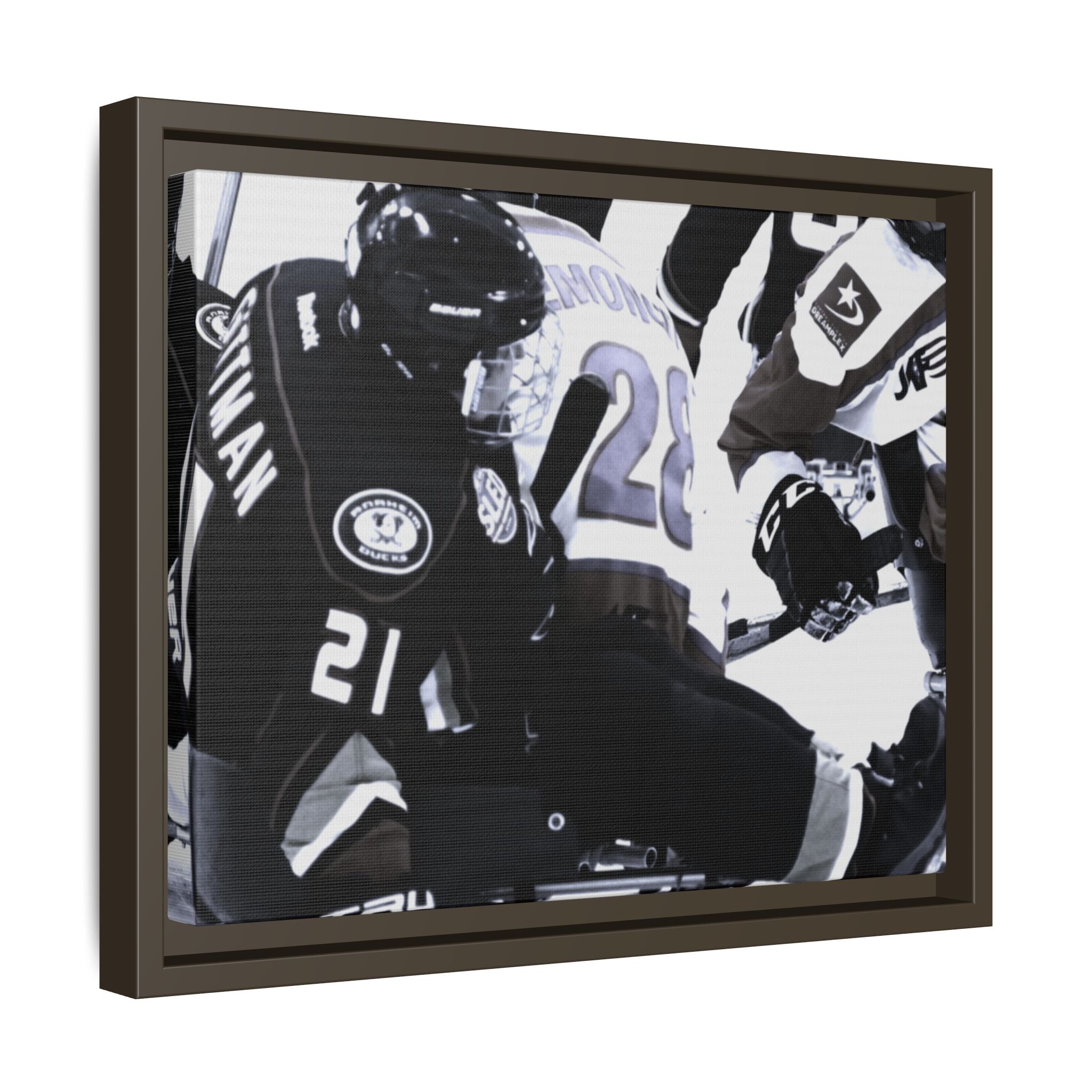 Framed Hockey Action Matte Canvas Print — Black & White Sports Wall Art