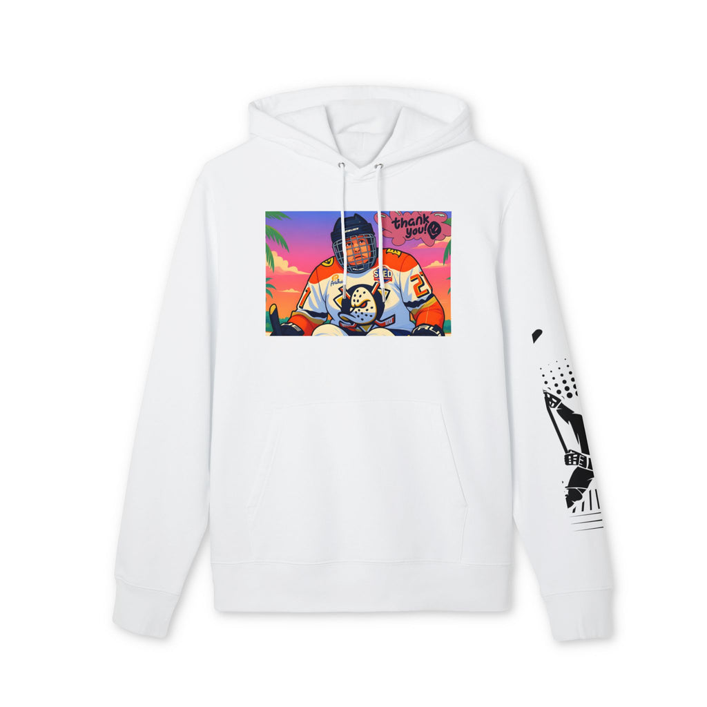 Hockey Player Graphic Hoodie — Retro Sunset Skate Design