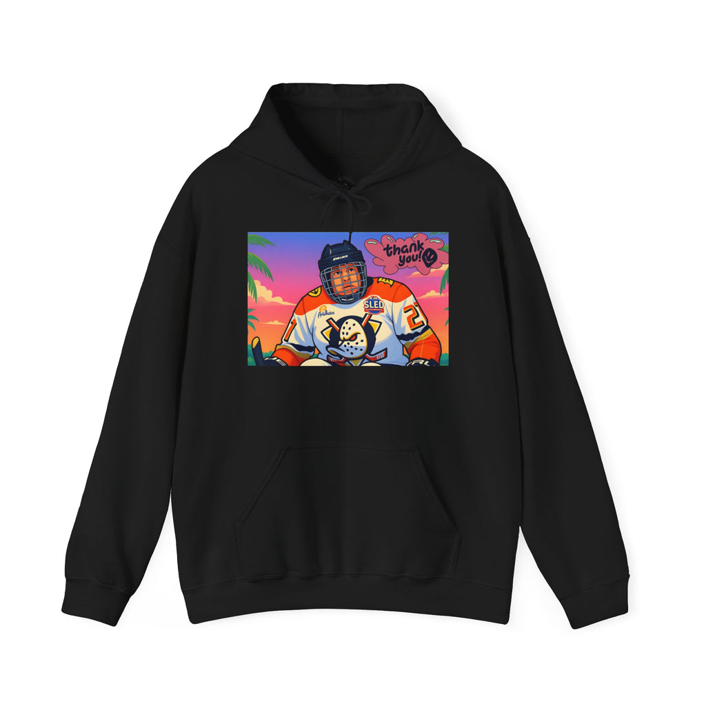 Hockey Player Retro Sunset Hoodie — Vintage Anaheim Skate Jersey Graphic