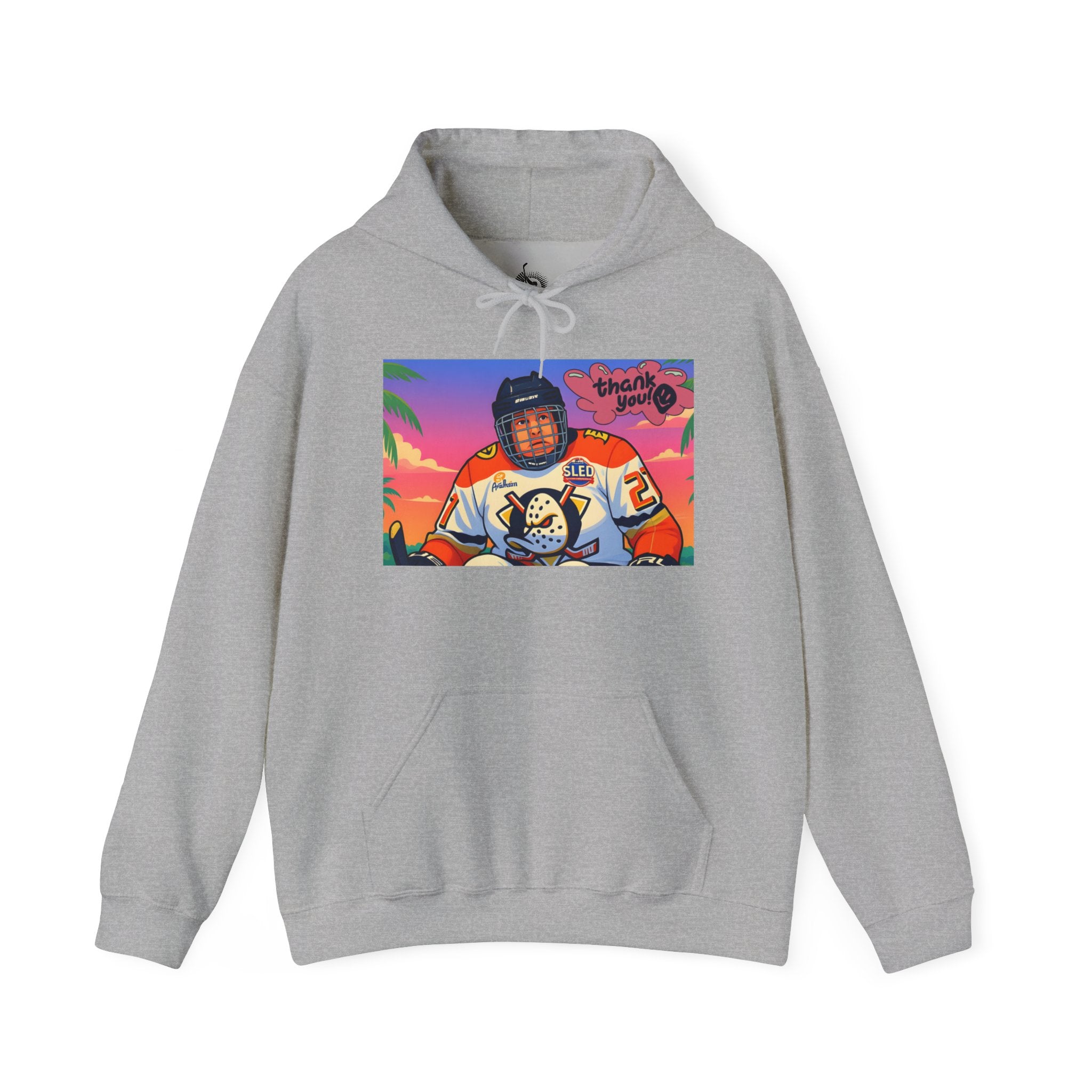 Hockey Player Retro Sunset Hoodie — Vintage Anaheim Skate Jersey Graphic
