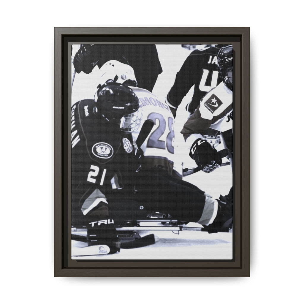 Framed Hockey Action Matte Canvas Print — Black & White Sports Wall Art