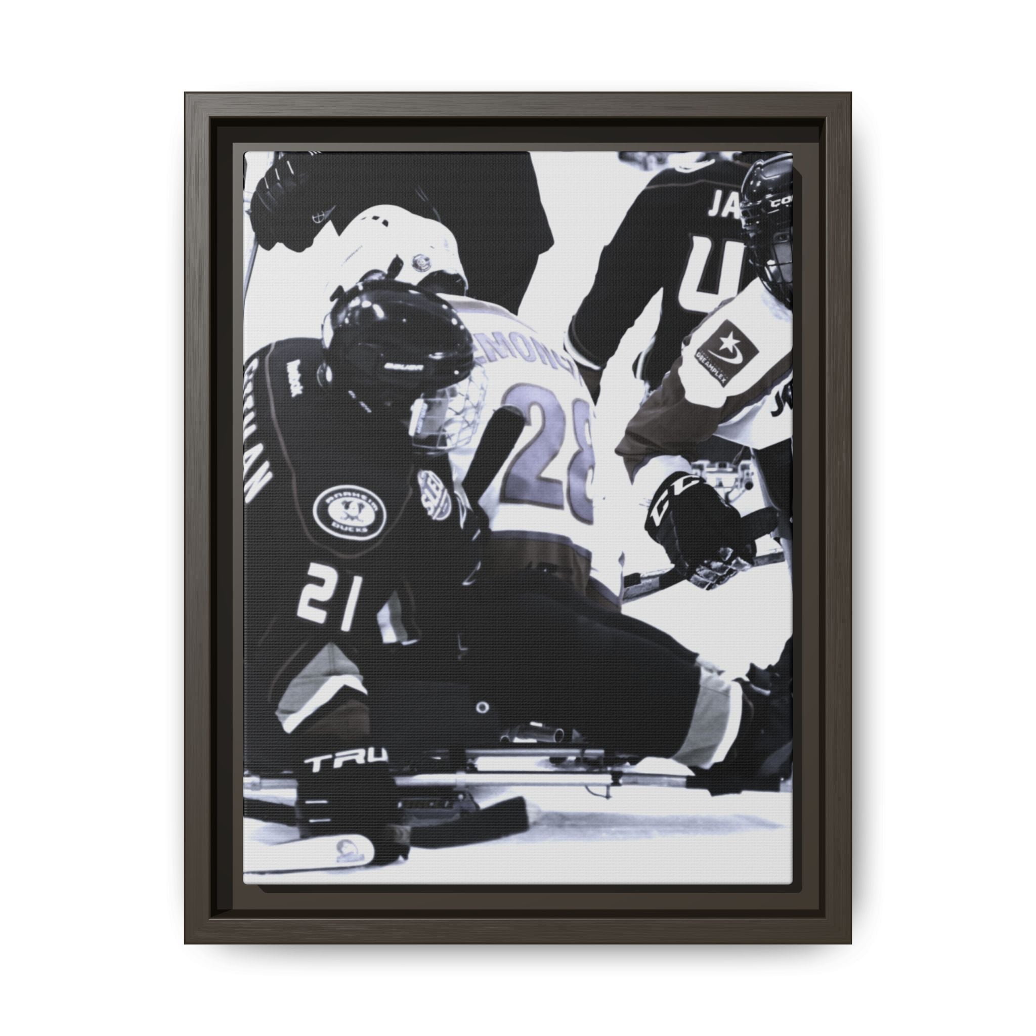 Framed Hockey Action Matte Canvas Print — Black & White Sports Wall Art