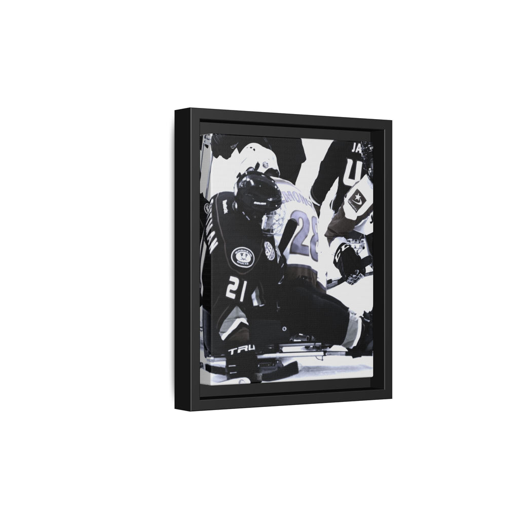 Framed Hockey Action Matte Canvas Print — Black & White Sports Wall Art