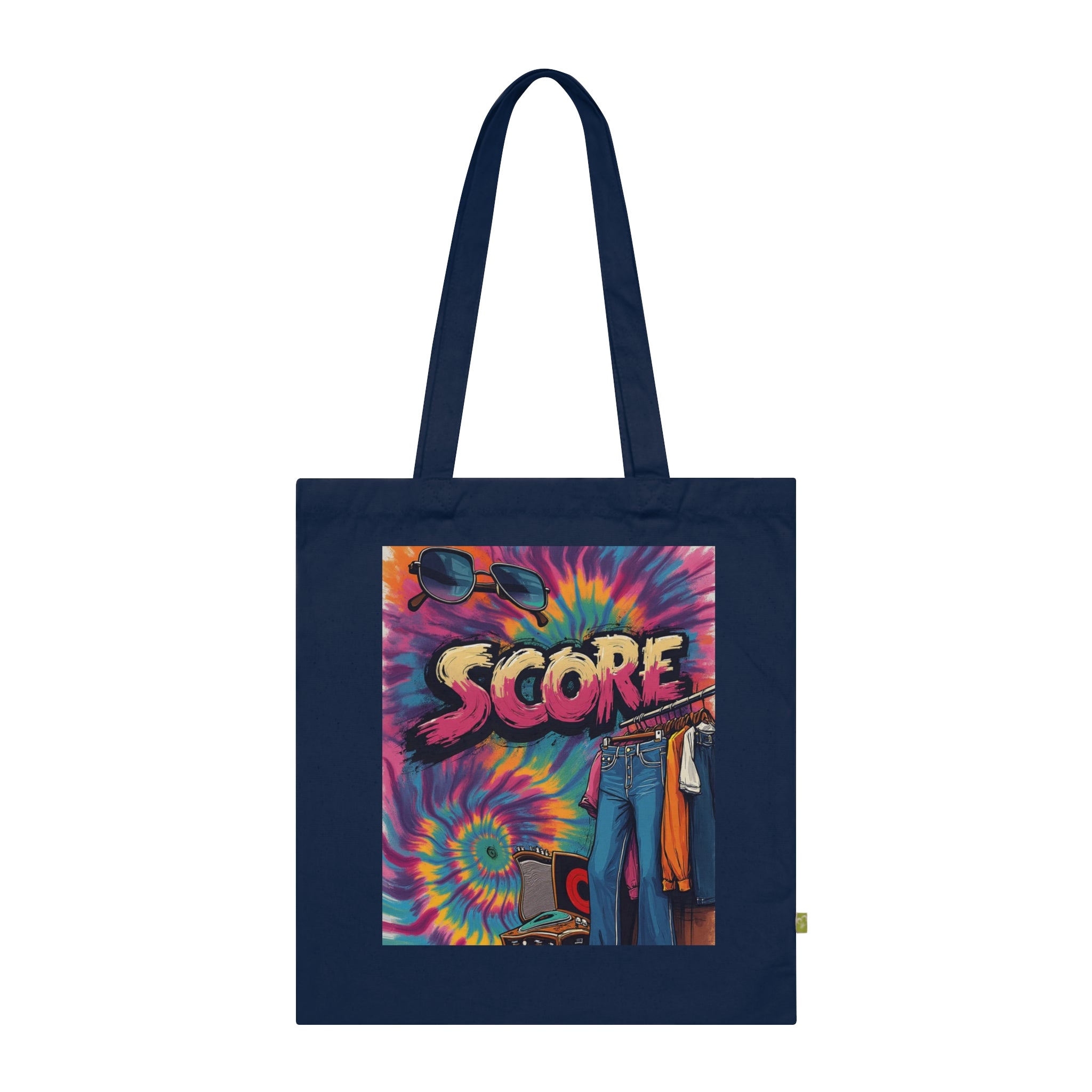 Score Tie-Dye Tote Bag — Retro 70s Skateboard Graphic Organic Cotton Tote