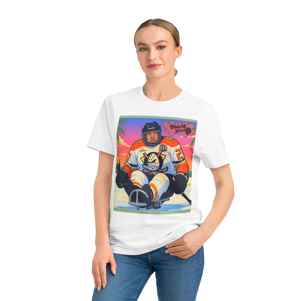 Hockey Sled Player Graphic T-Shirt — "Thank You" Retro Beach Vibe