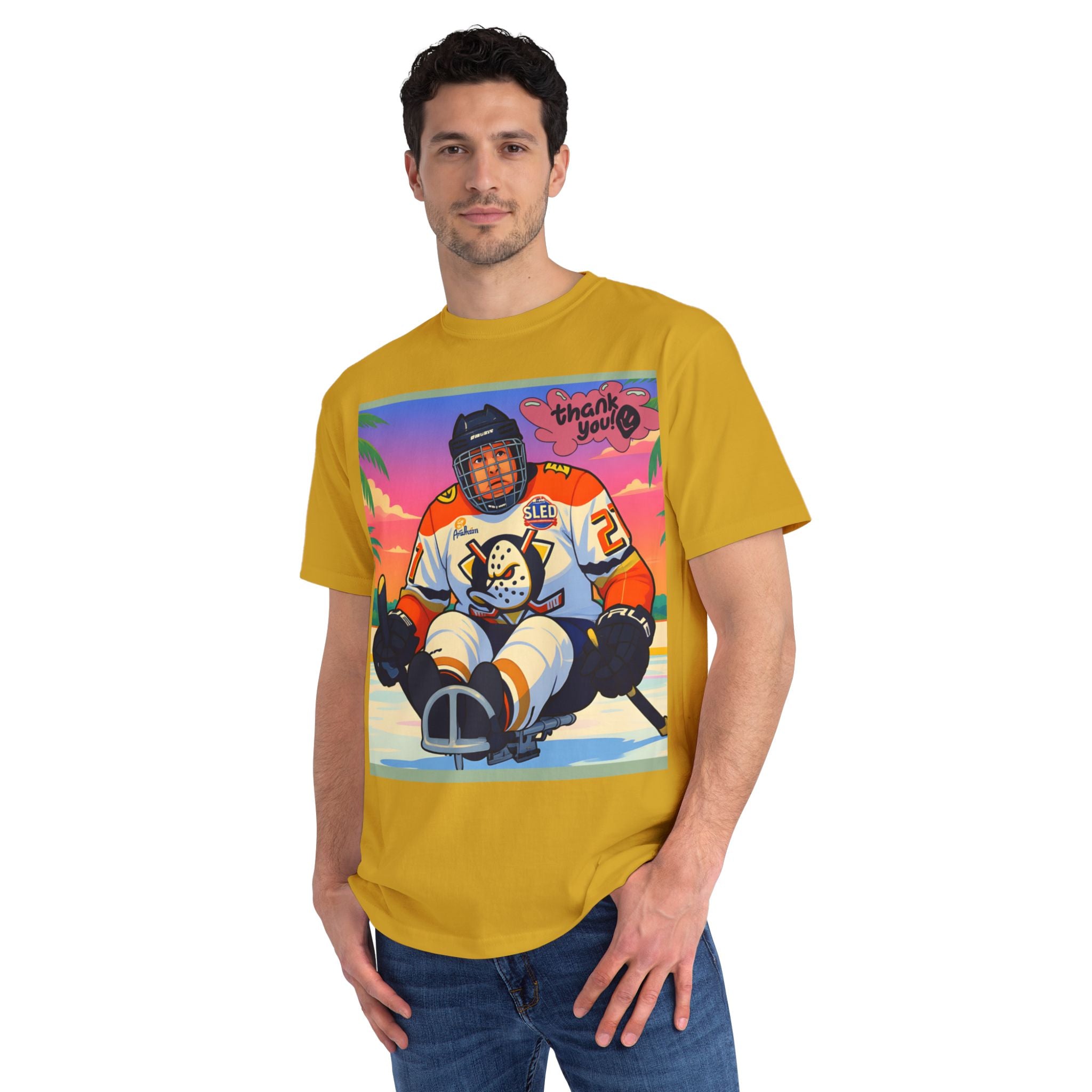 Hockey Sled Player Retro Sunset T-Shirt — 'thank you' Graphic