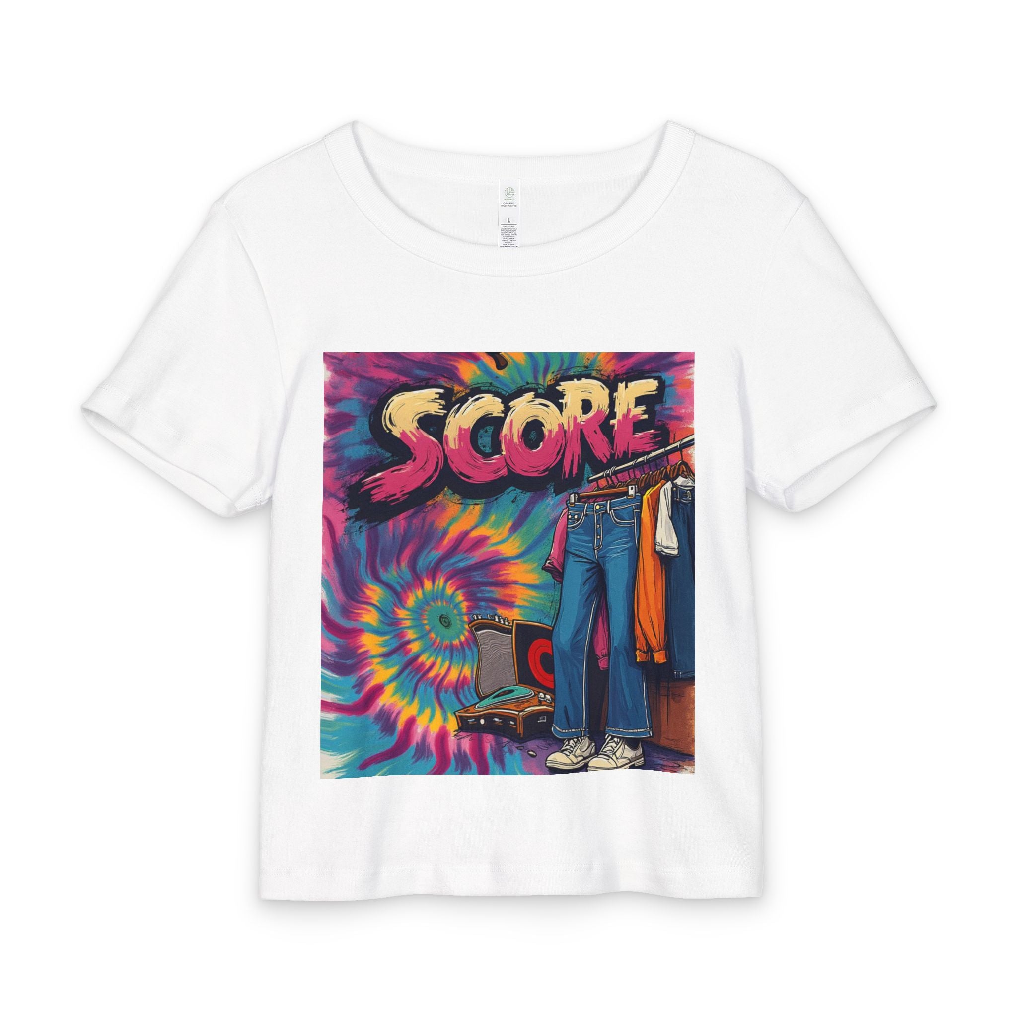 Score Tie-Dye Baby Tee — Retro 90s Skate & Vinyl Graphic