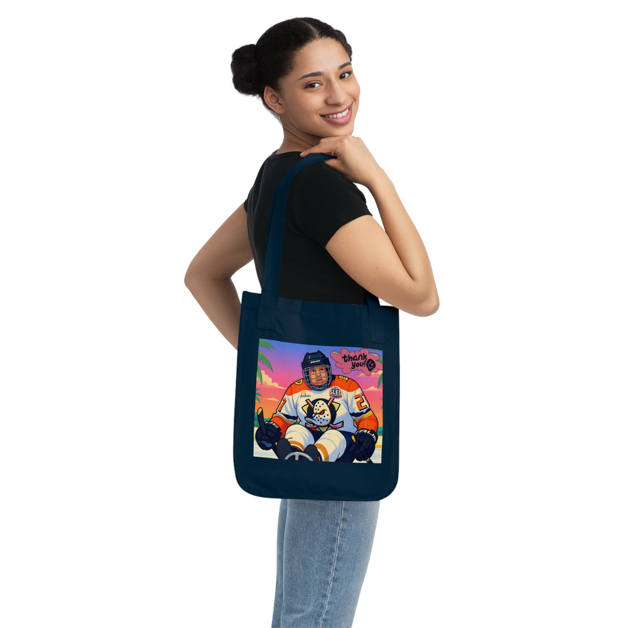 Tote Bag — Retro Hockey Player Illustration "Thank You" Canvas Tote