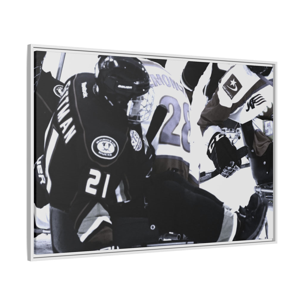 Framed Hockey Action Matte Canvas Print — Black & White Sports Wall Art