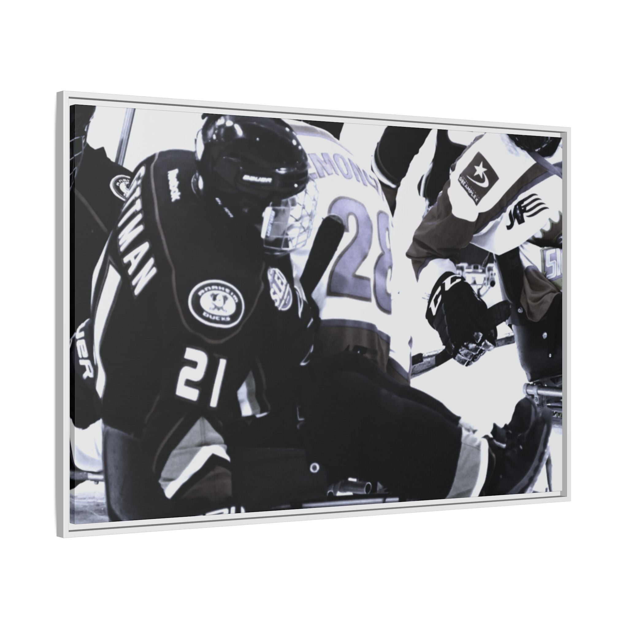 Framed Hockey Action Matte Canvas Print — Black & White Sports Wall Art