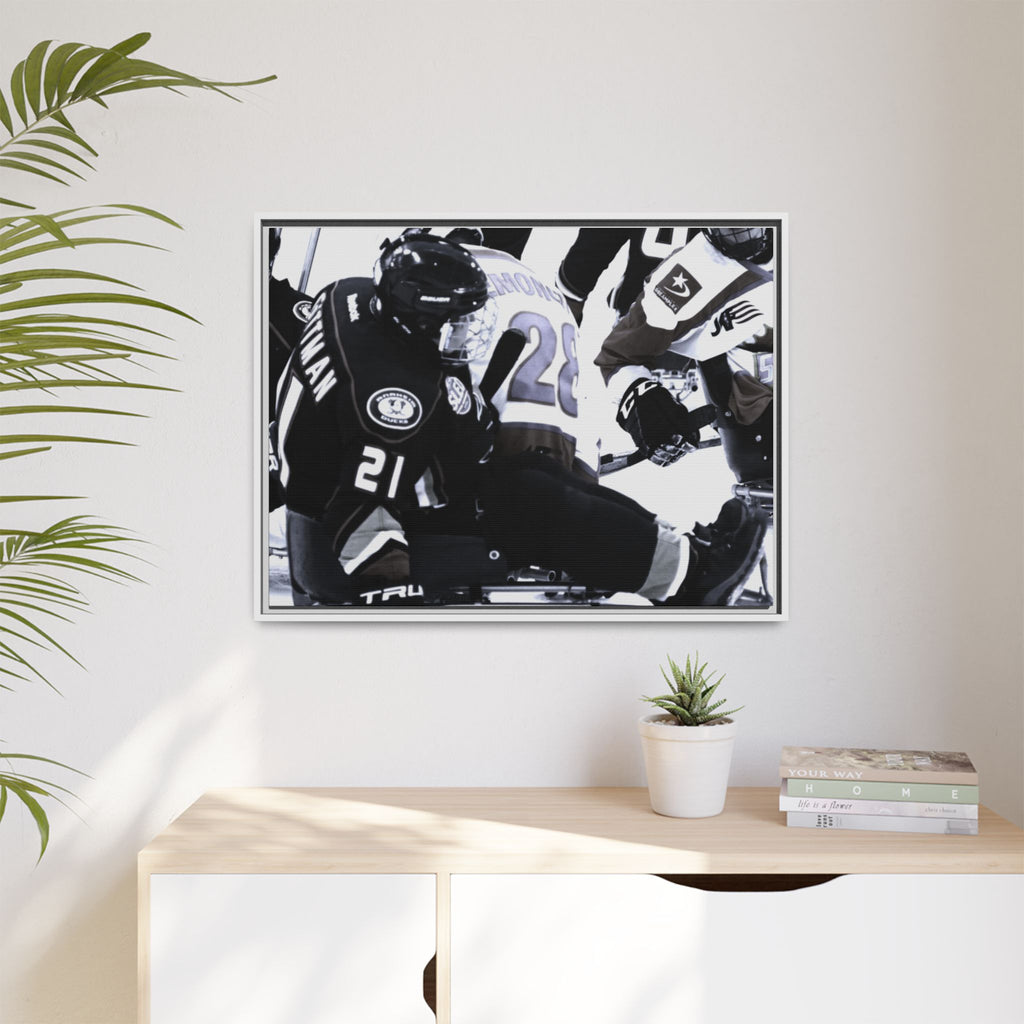 Framed Hockey Action Matte Canvas Print — Black & White Sports Wall Art
