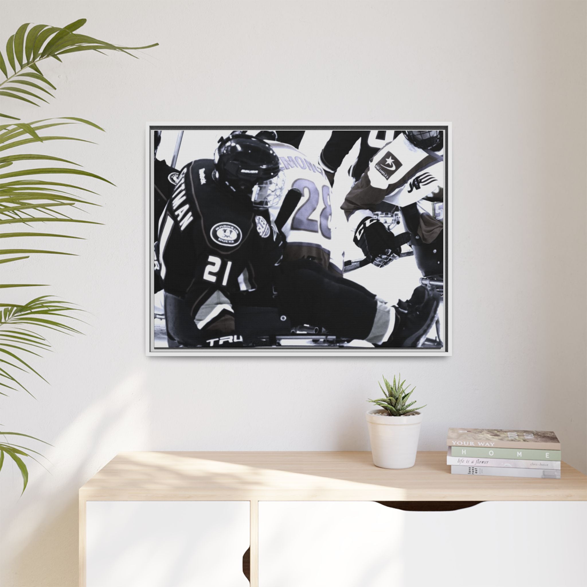 Framed Hockey Action Matte Canvas Print — Black & White Sports Wall Art
