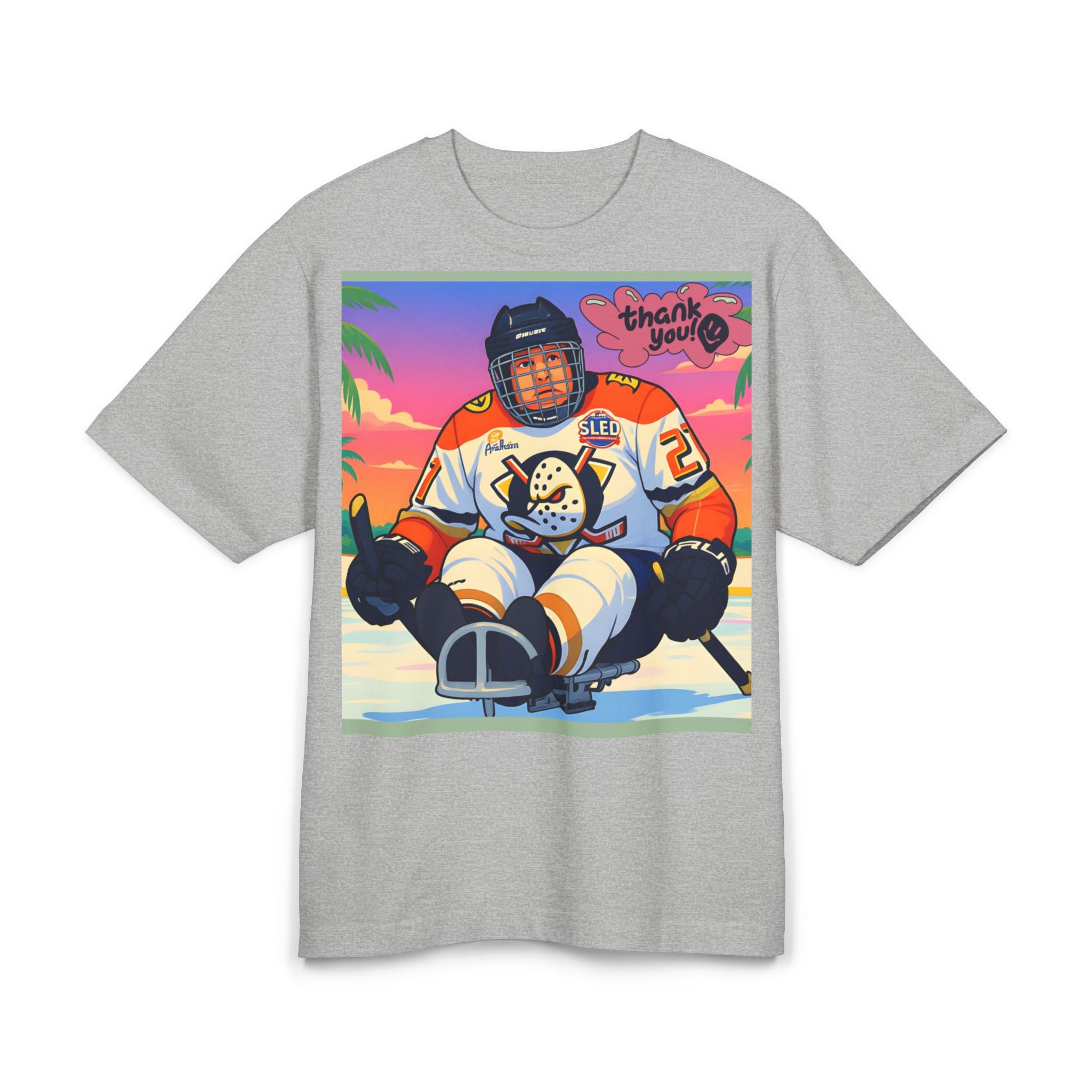 Hockey Sled Player Graphic Tee — 'Thank You' Retro Sunset Design