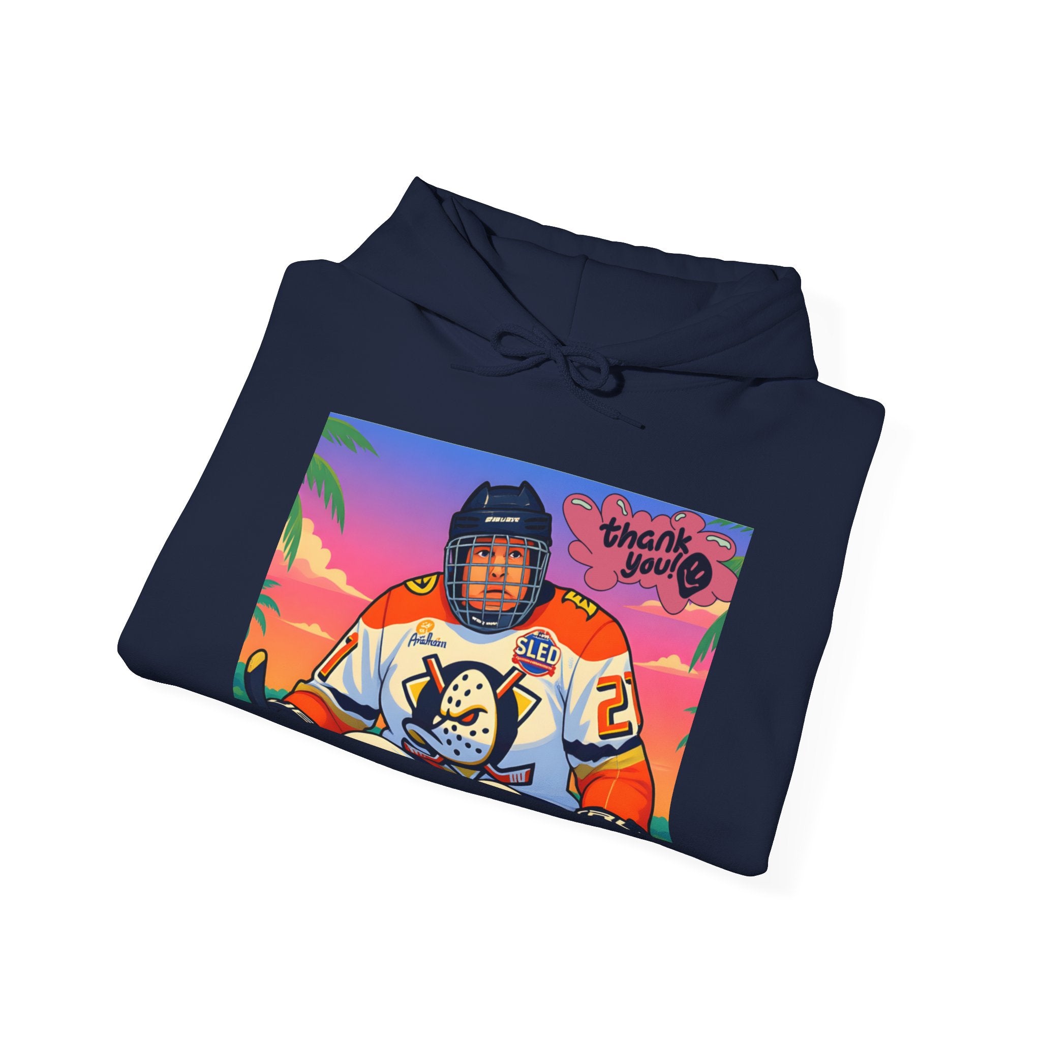 Hockey Player Retro Sunset Hoodie — Vintage Anaheim Skate Jersey Graphic