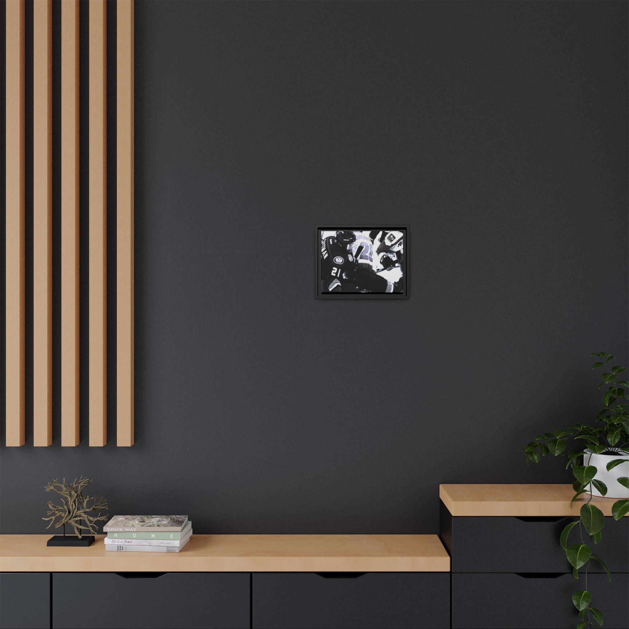 Framed Hockey Action Matte Canvas Print — Black & White Sports Wall Art