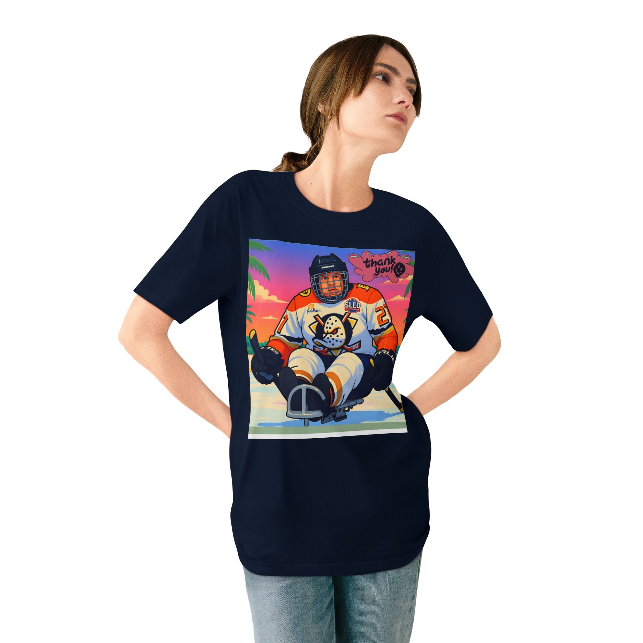 Hockey Sled Player Graphic T-Shirt — "Thank You" Retro Beach Vibe