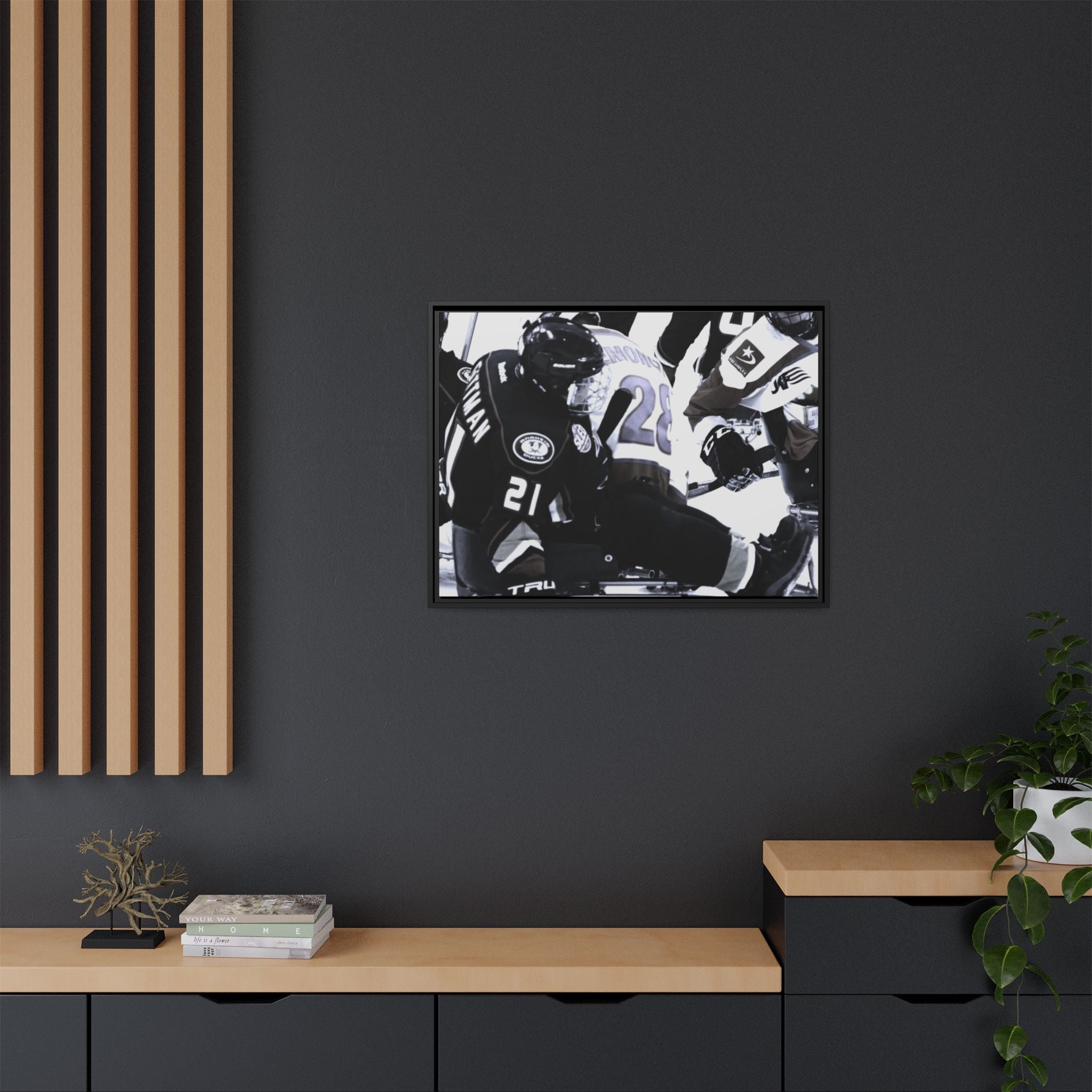 Framed Hockey Action Matte Canvas Print — Black & White Sports Wall Art