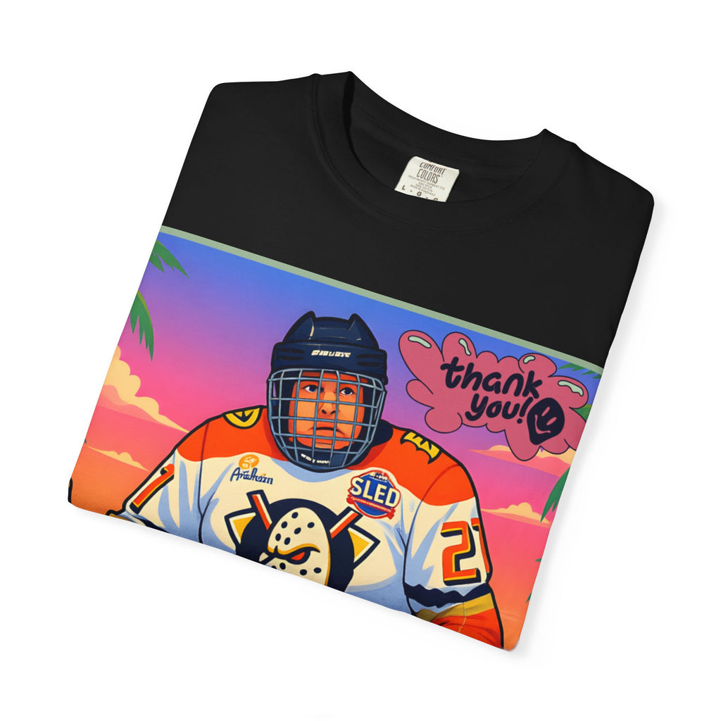 Hockey Tropics T‑Shirt — Sled Hockey Player with "Thank You" Graphic