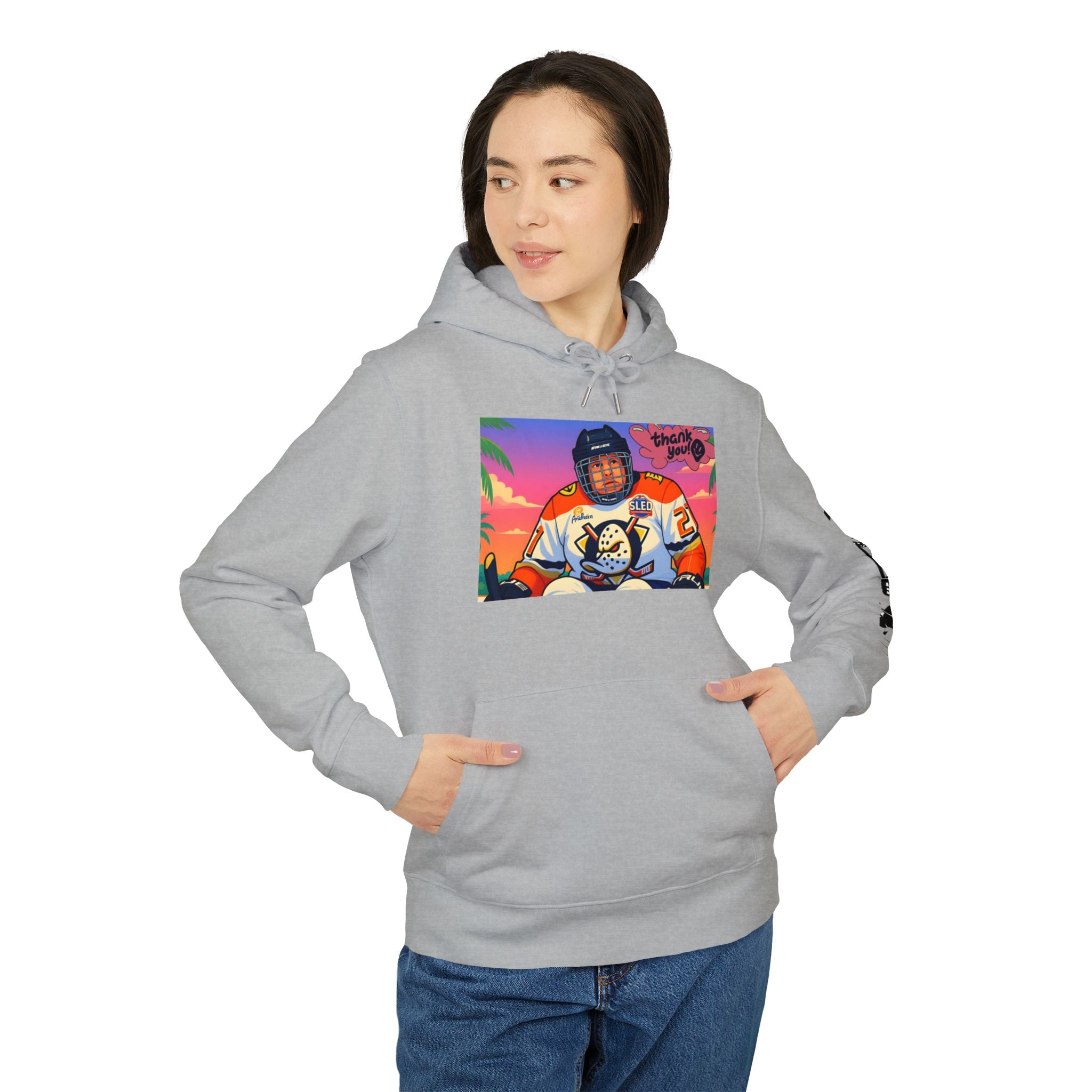 Hockey Player Graphic Hoodie — Retro Sunset Skate Design