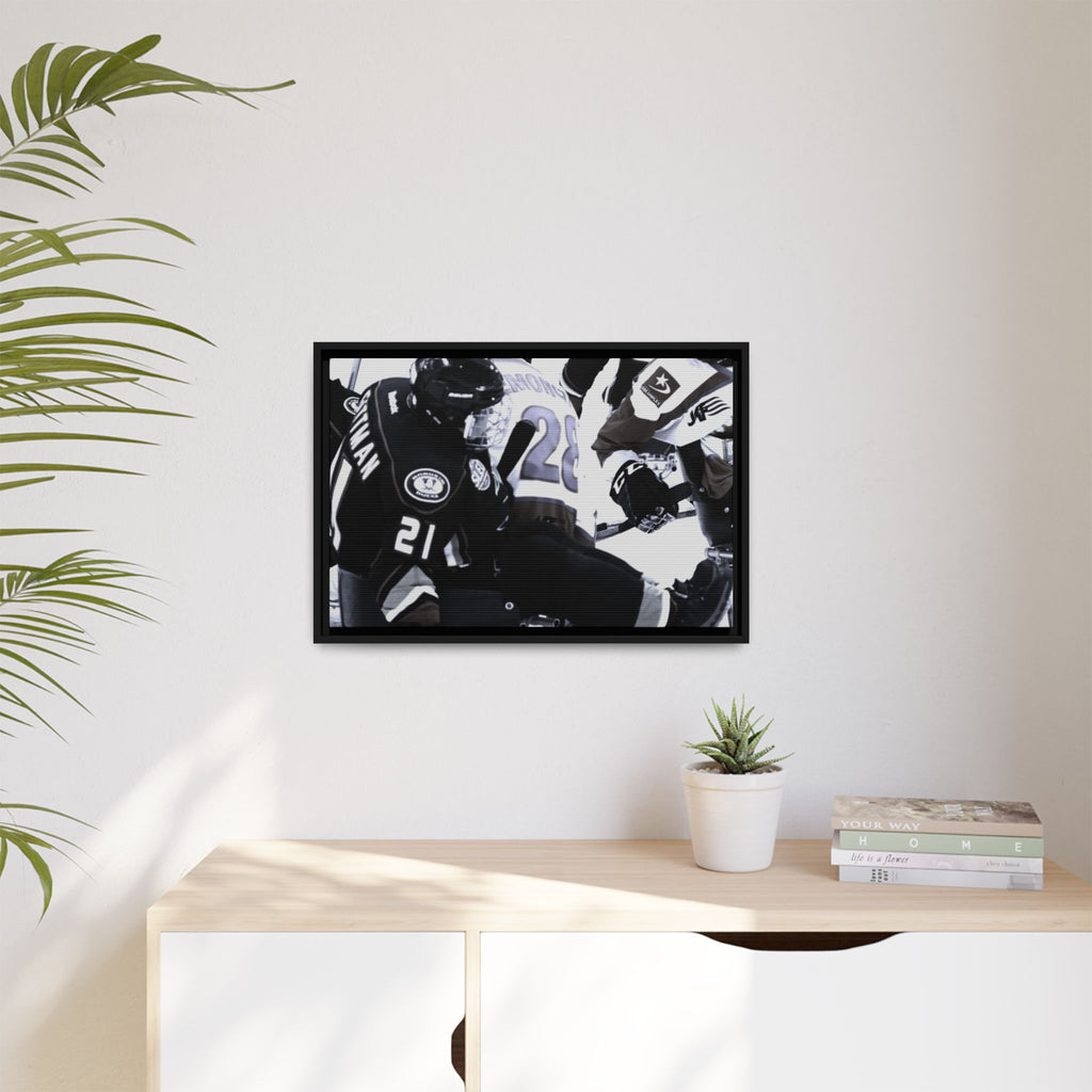 Framed Hockey Action Matte Canvas Print — Black & White Sports Wall Art