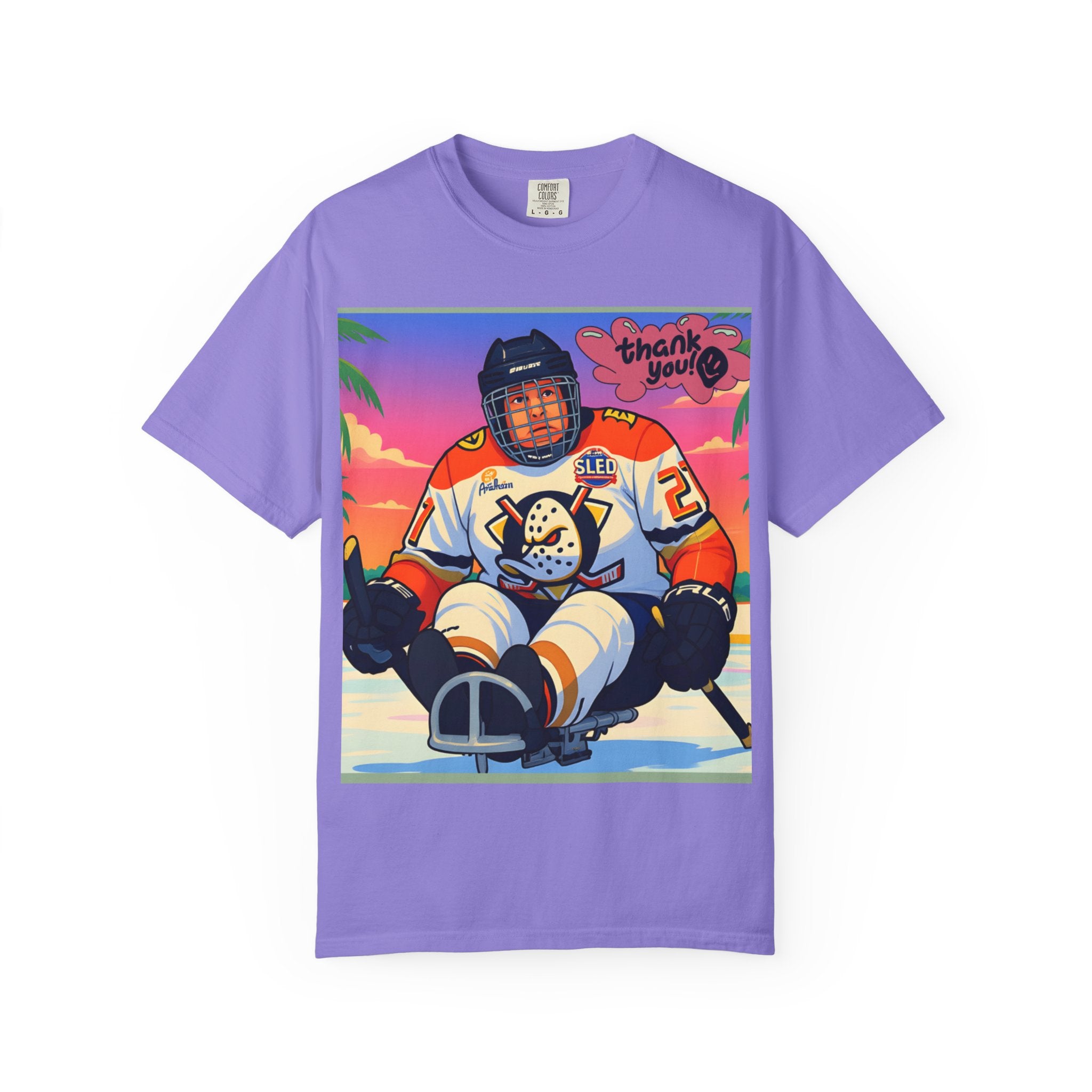 Hockey Tropics T‑Shirt — Sled Hockey Player with "Thank You" Graphic