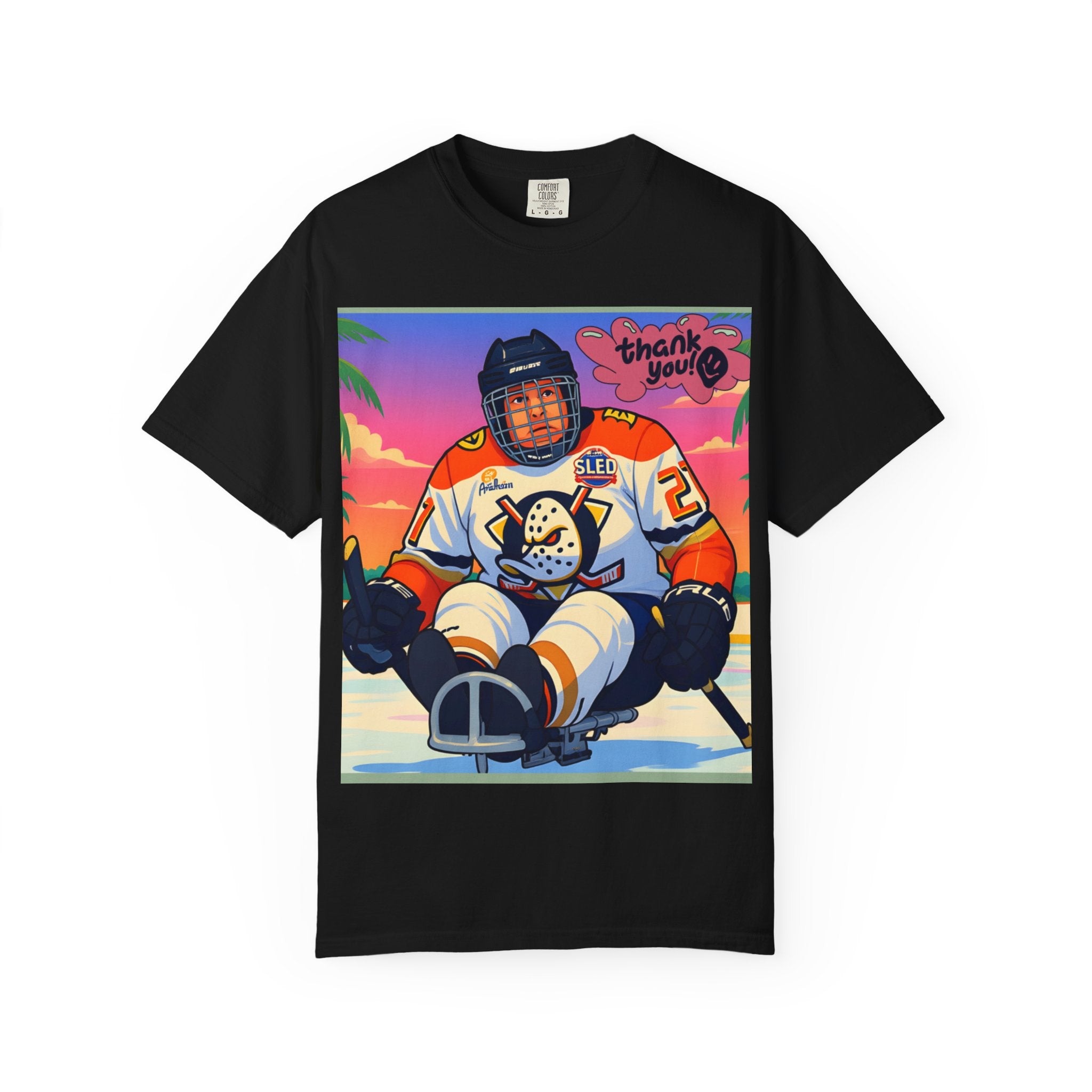 Hockey Tropics T‑Shirt — Sled Hockey Player with "Thank You" Graphic