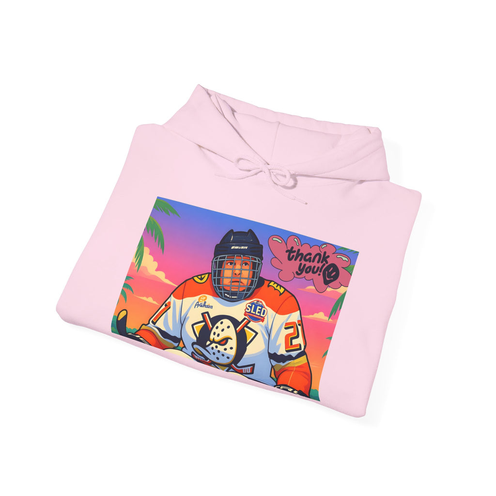 Hockey Player Retro Sunset Hoodie — Vintage Anaheim Skate Jersey Graphic