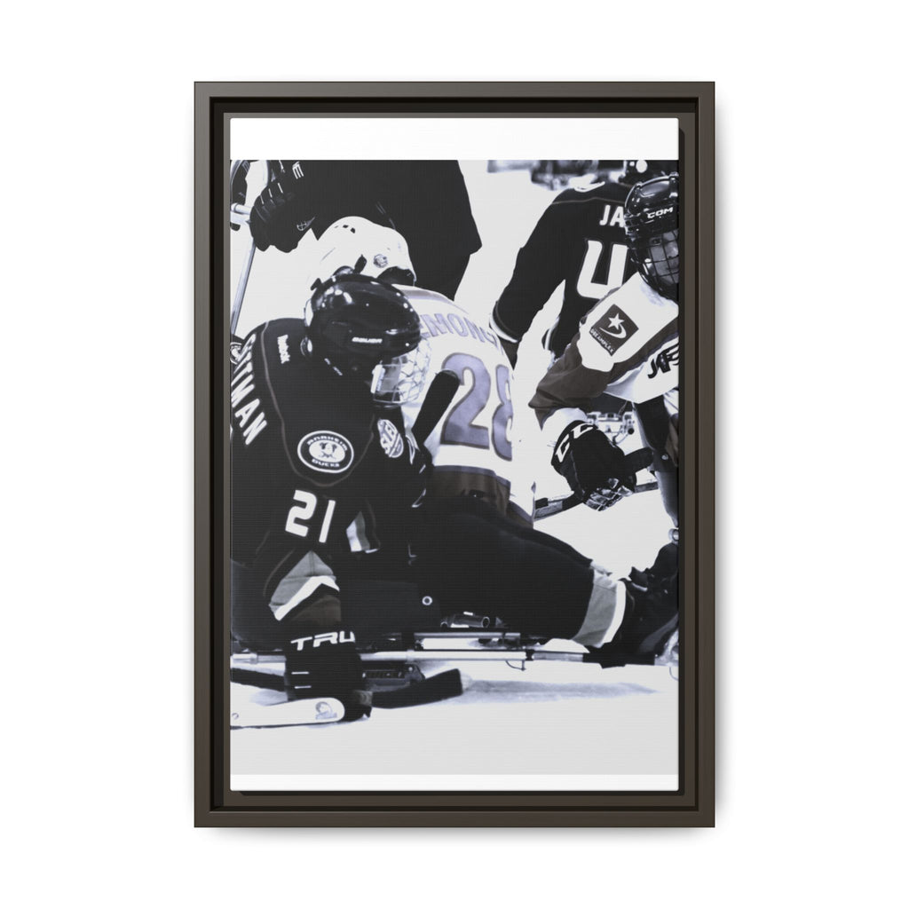 Framed Hockey Action Matte Canvas Print — Black & White Sports Wall Art