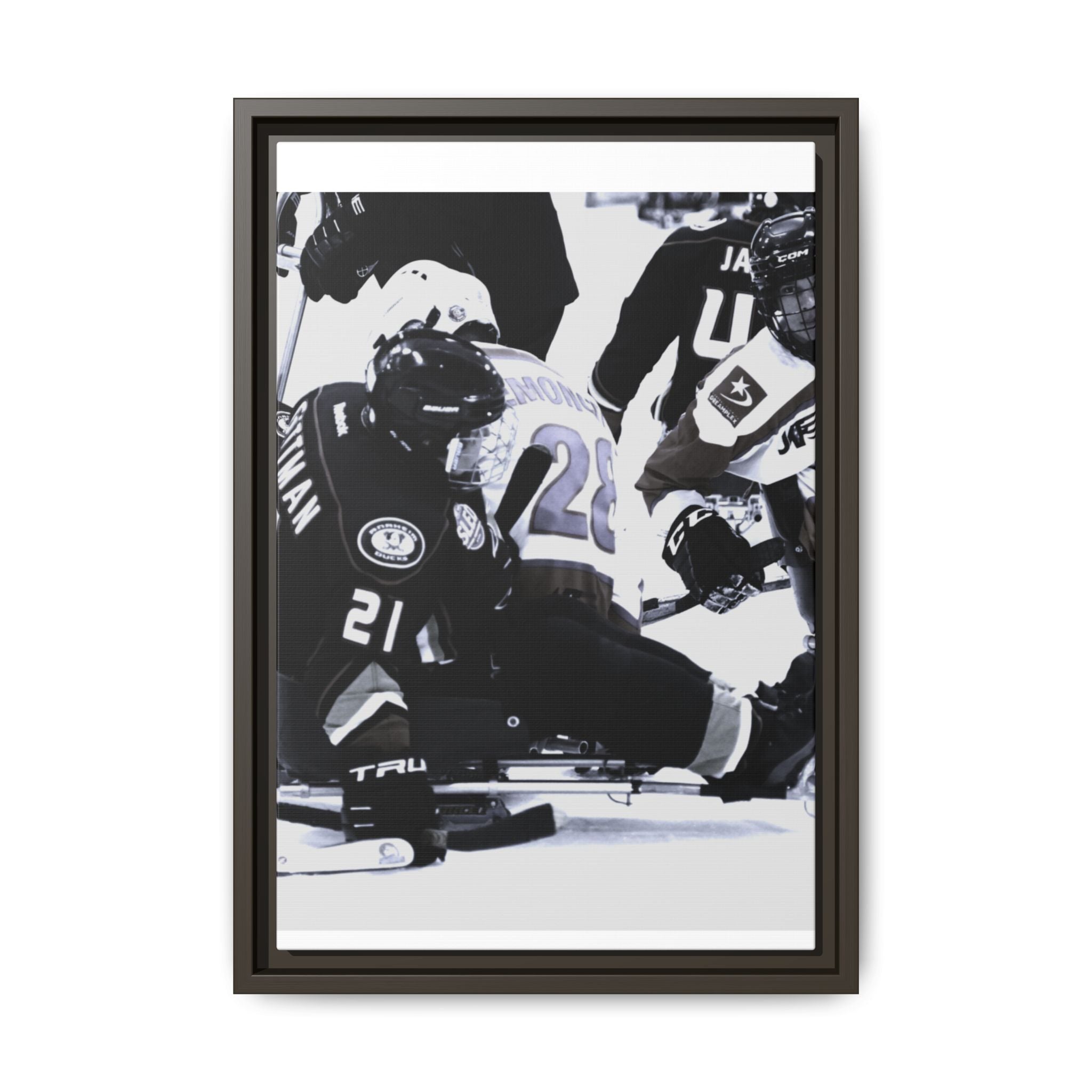 Framed Hockey Action Matte Canvas Print — Black & White Sports Wall Art