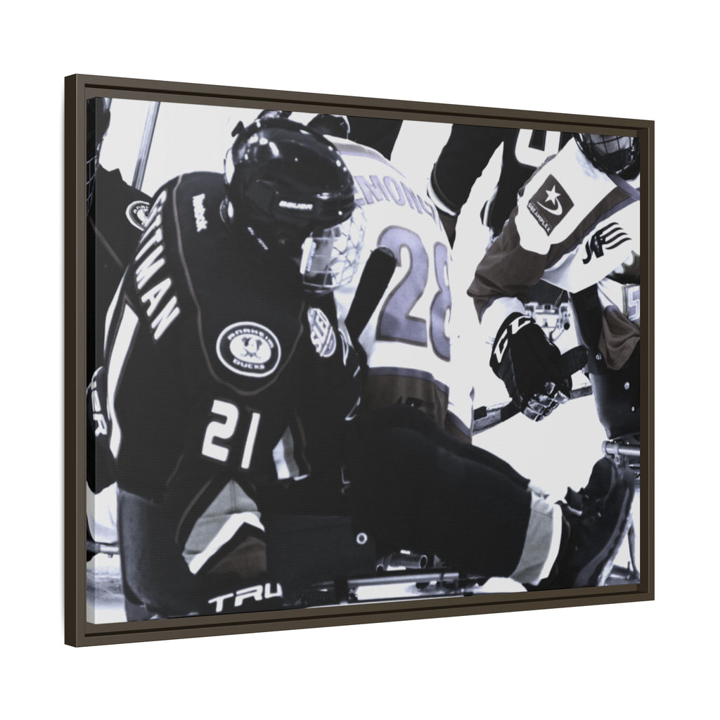Framed Hockey Action Matte Canvas Print — Black & White Sports Wall Art