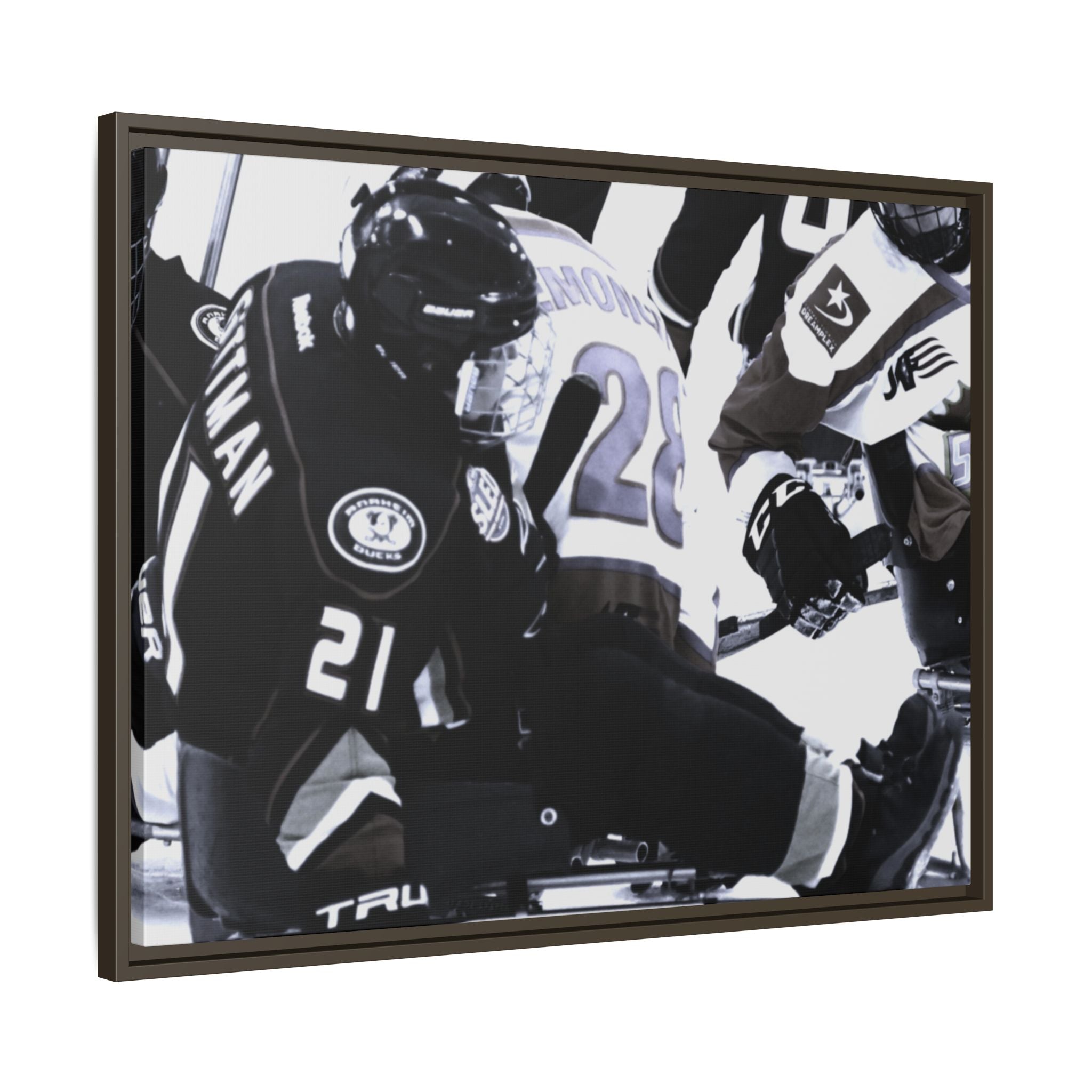 Framed Hockey Action Matte Canvas Print — Black & White Sports Wall Art