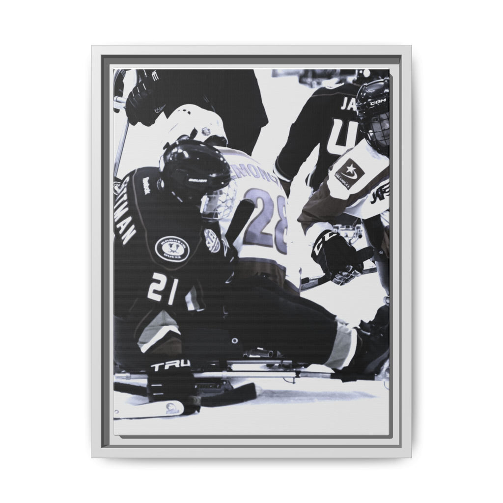 Framed Hockey Action Matte Canvas Print — Black & White Sports Wall Art