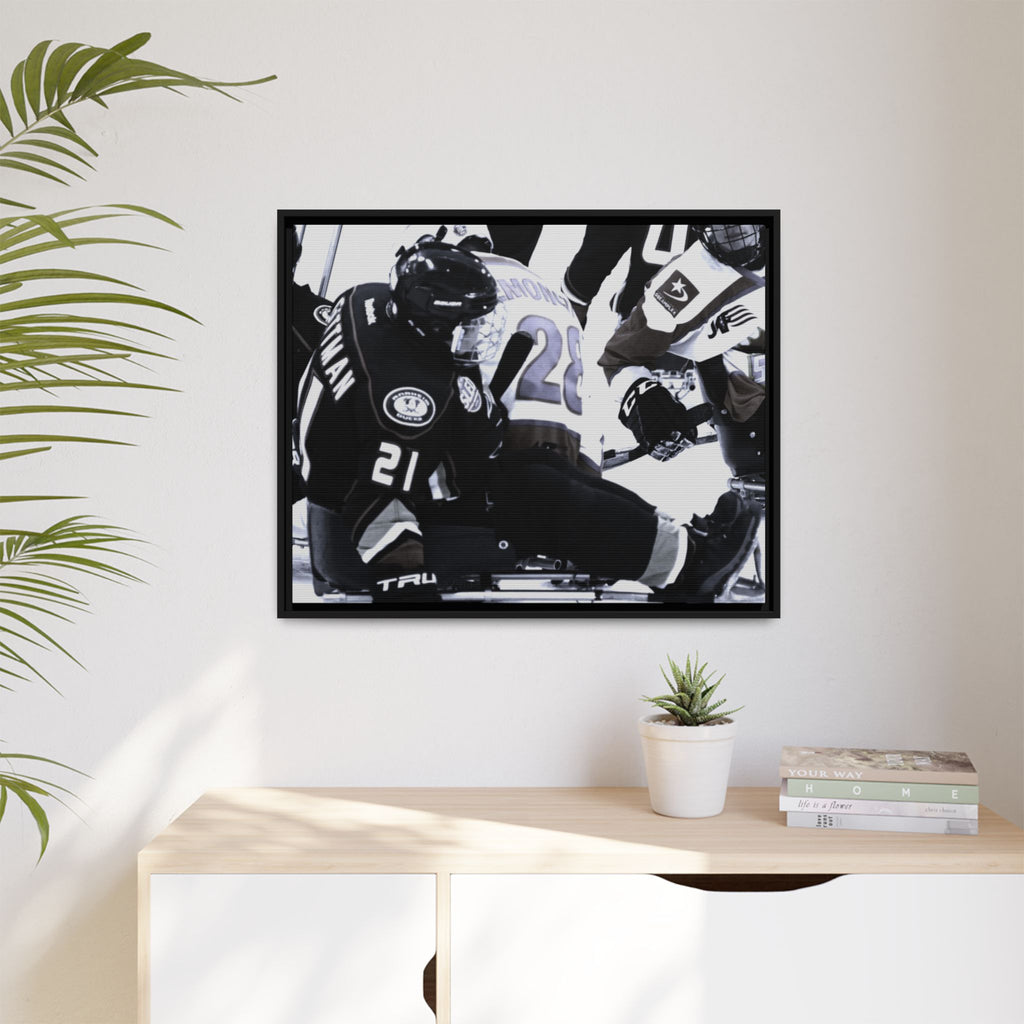 Framed Hockey Action Matte Canvas Print — Black & White Sports Wall Art