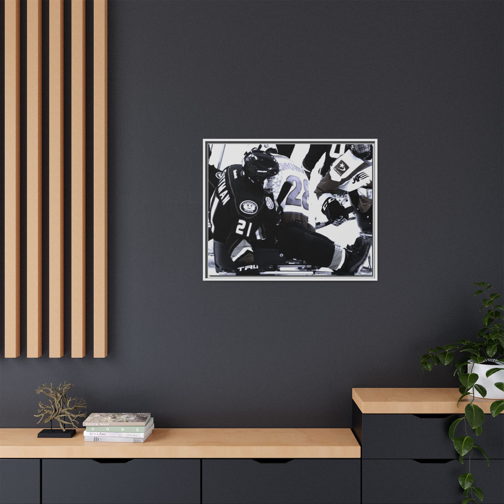 Framed Hockey Action Matte Canvas Print — Black & White Sports Wall Art