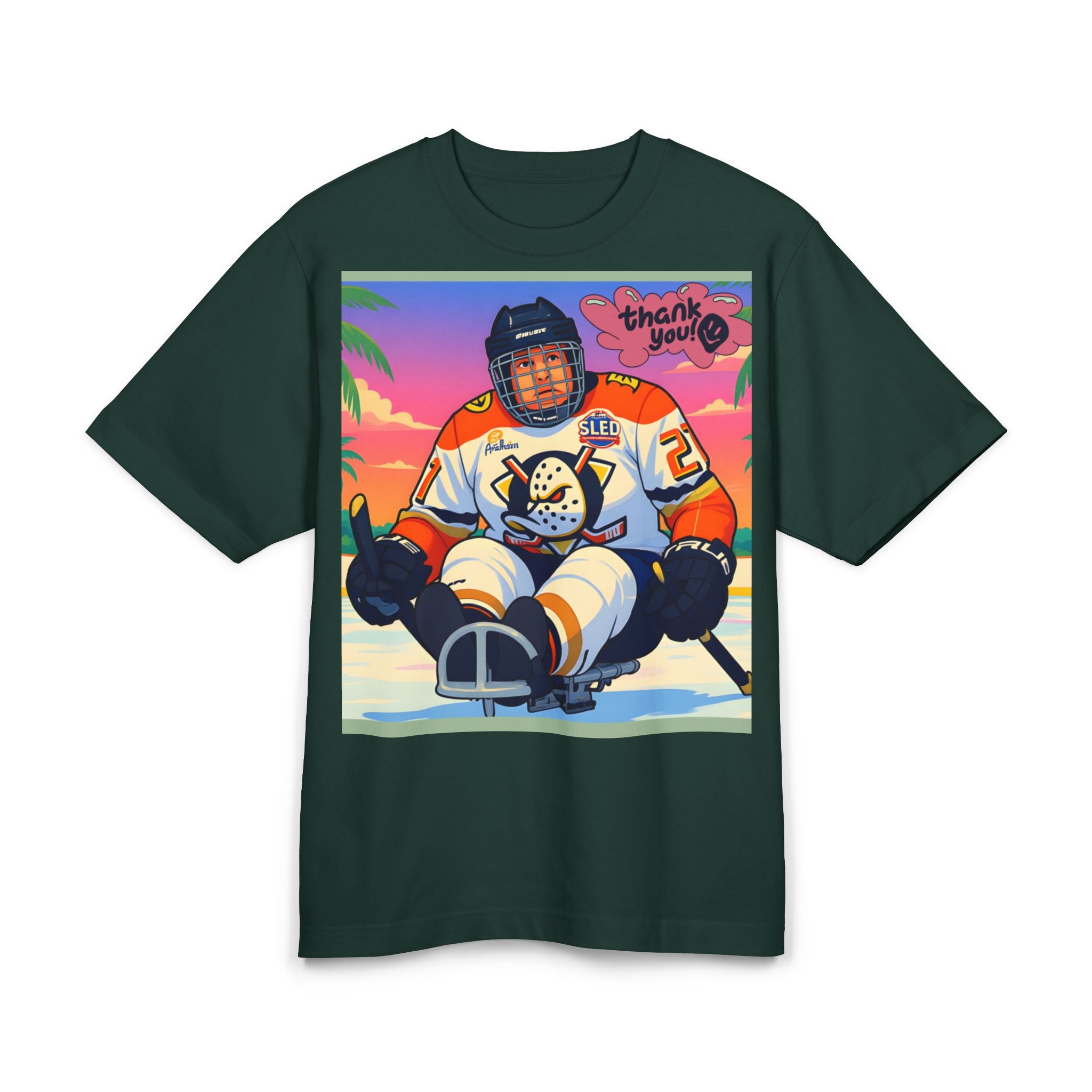 Hockey Sled Player Graphic Tee — 'Thank You' Retro Sunset Design