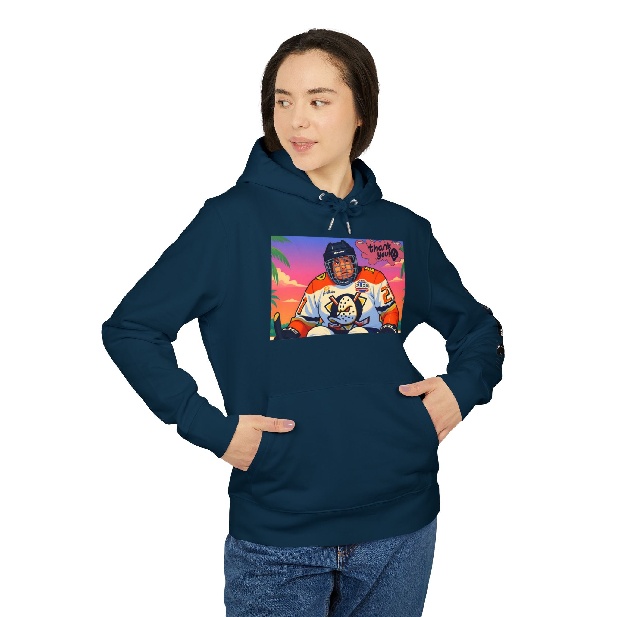 Hockey Player Graphic Hoodie — Retro Sunset Skate Design