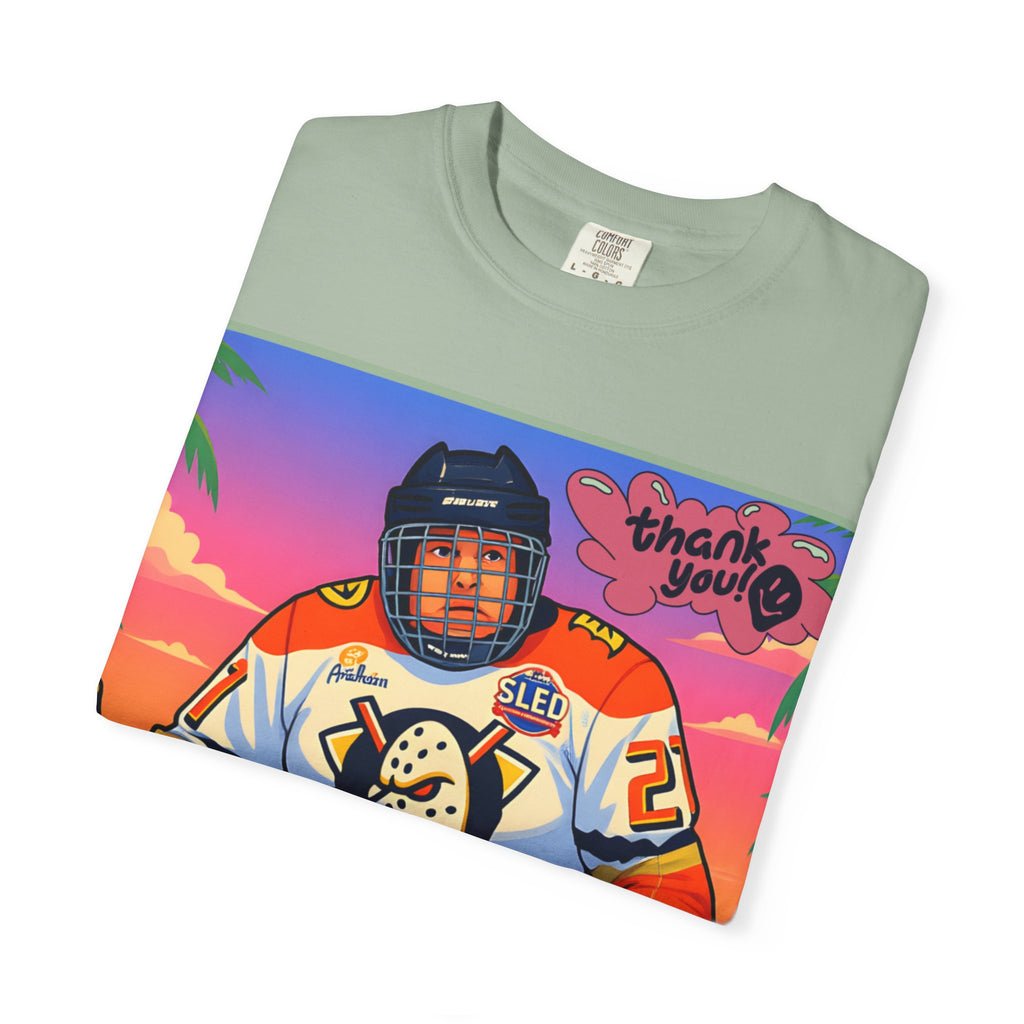 Hockey Tropics T‑Shirt — Sled Hockey Player with "Thank You" Graphic