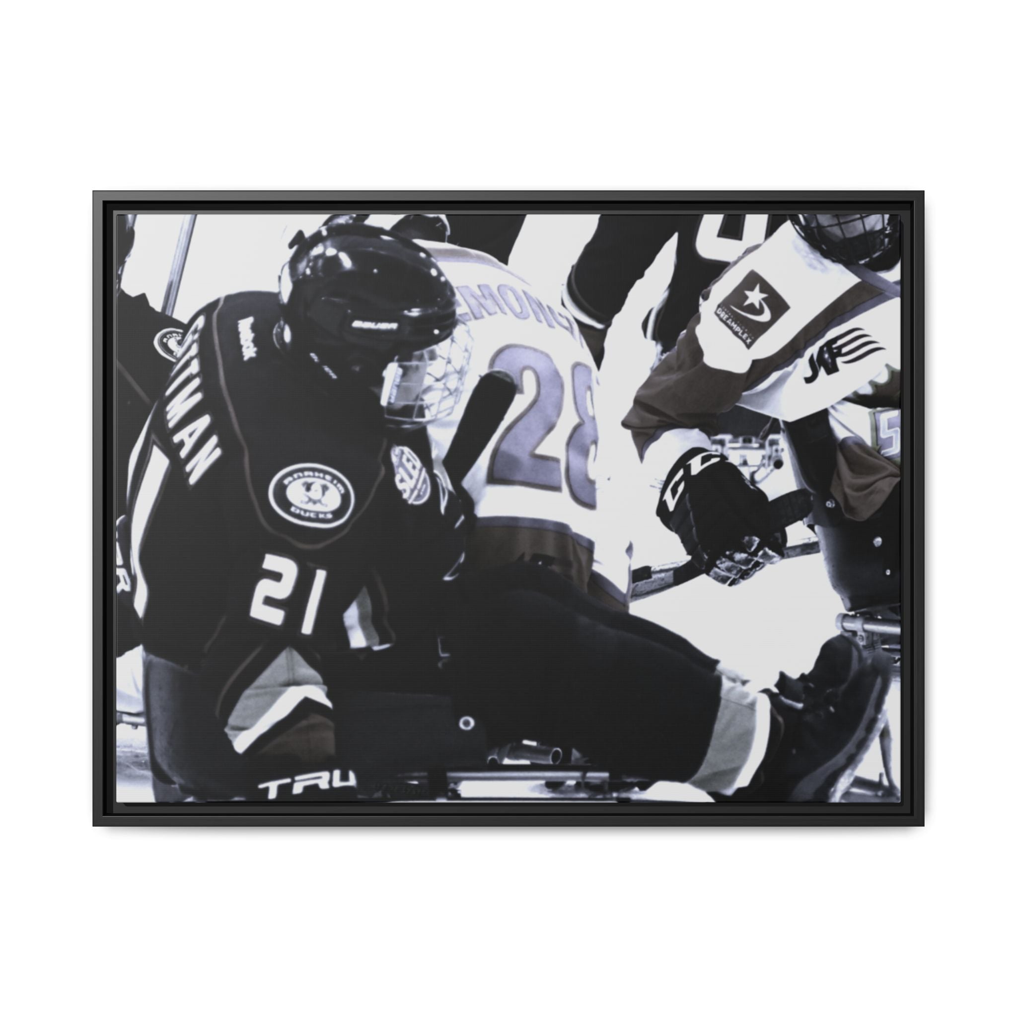 Framed Hockey Action Matte Canvas Print — Black & White Sports Wall Art