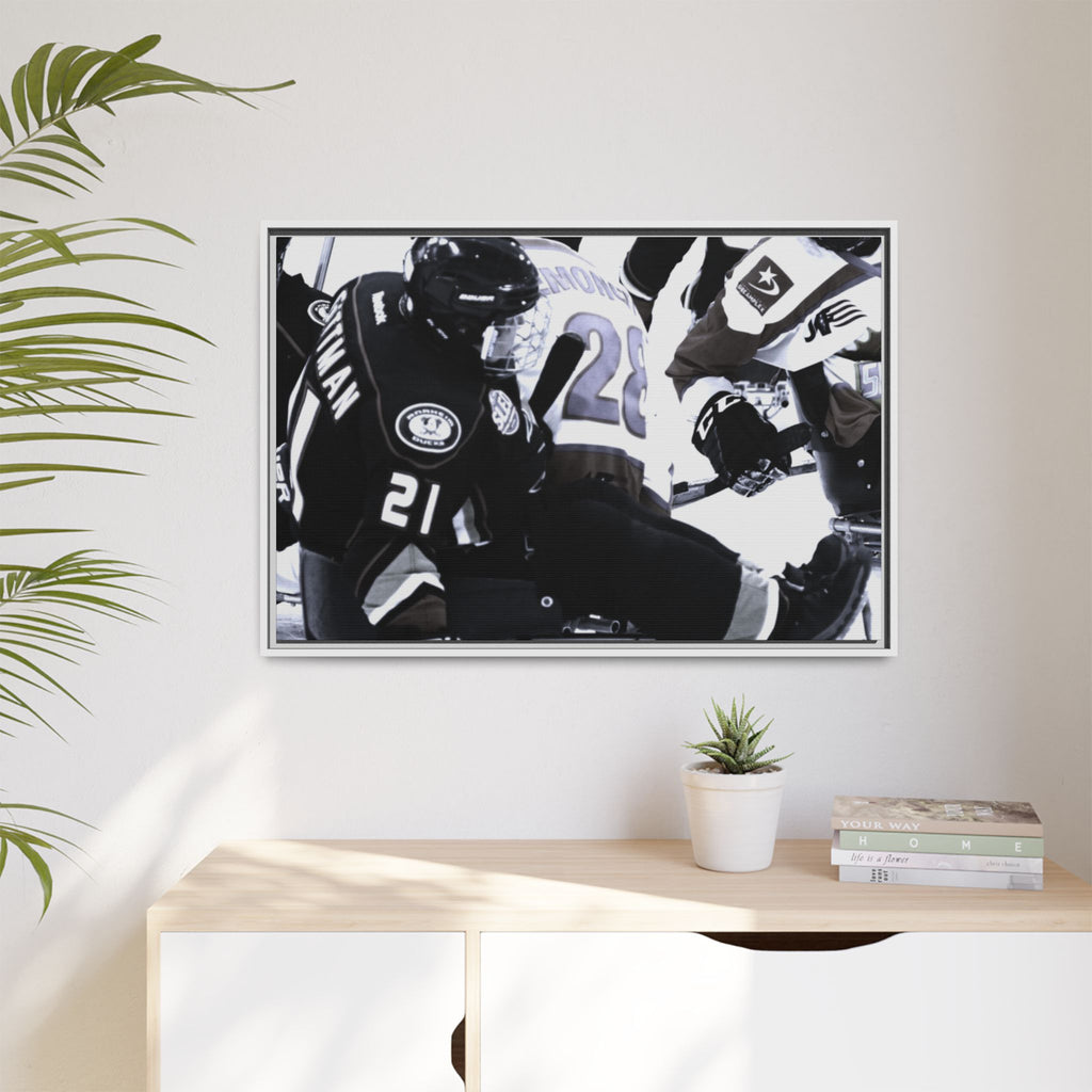 Framed Hockey Action Matte Canvas Print — Black & White Sports Wall Art