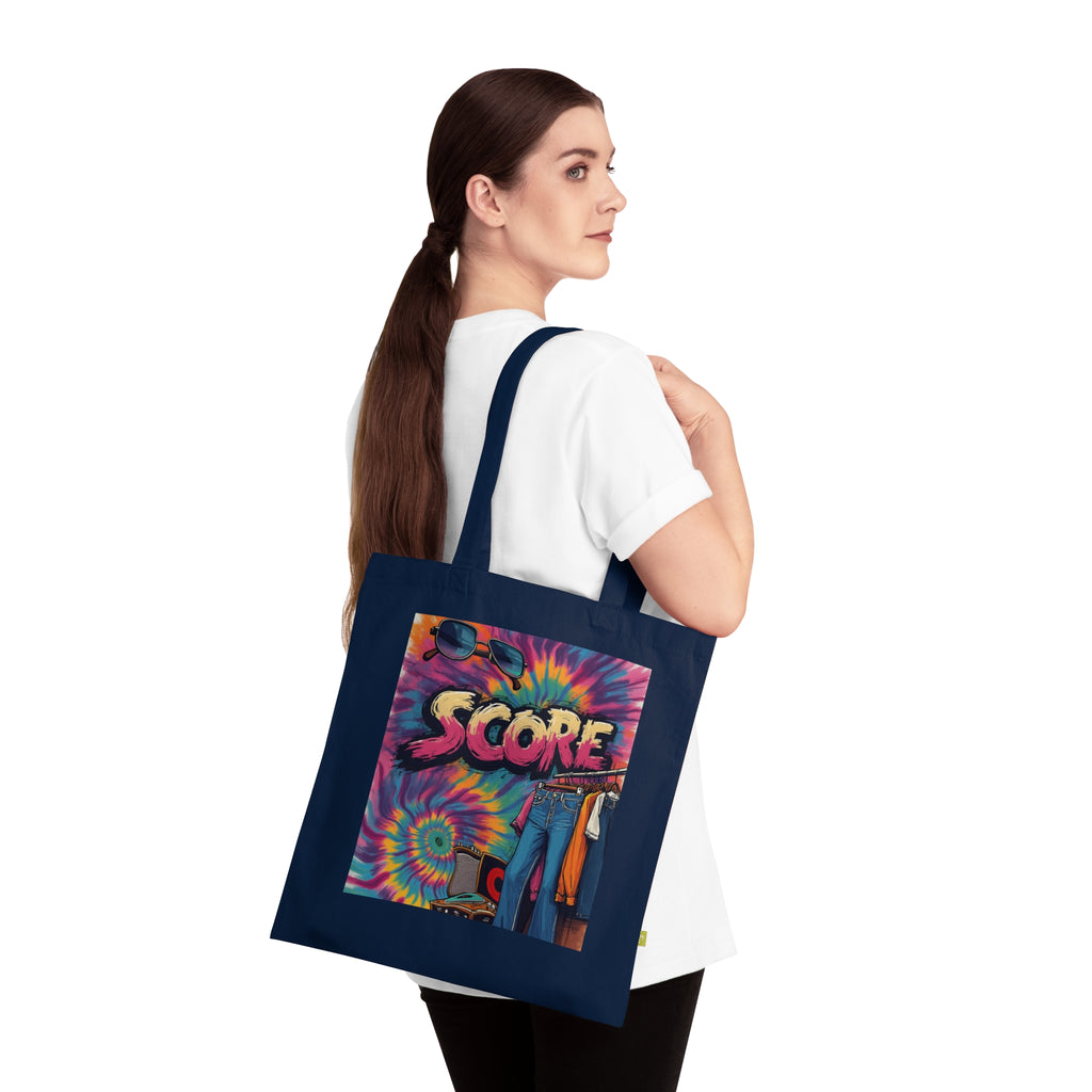 Score Tie-Dye Tote Bag — Retro 70s Skateboard Graphic Organic Cotton Tote