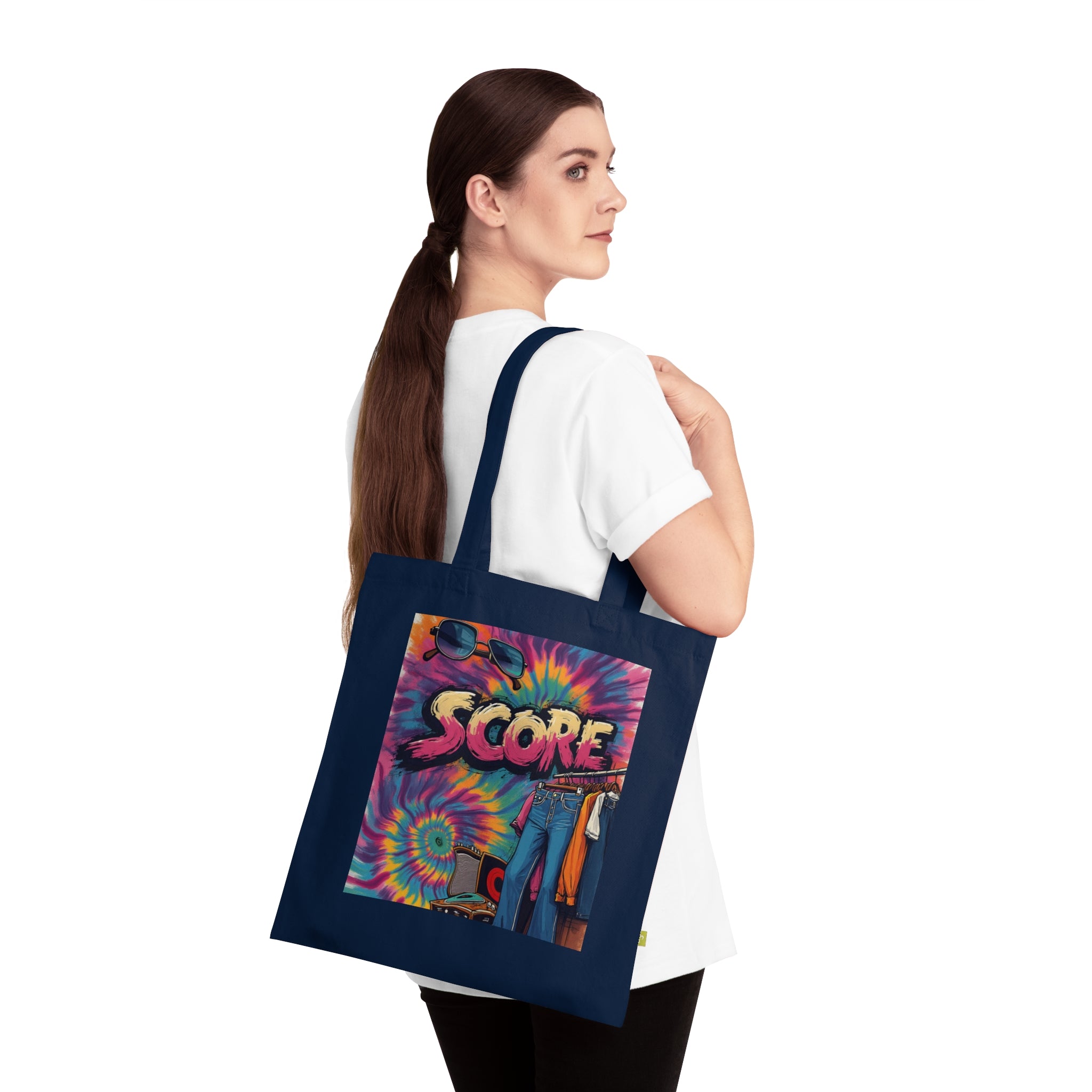 Score Tie-Dye Tote Bag — Retro 70s Skateboard Graphic Organic Cotton Tote