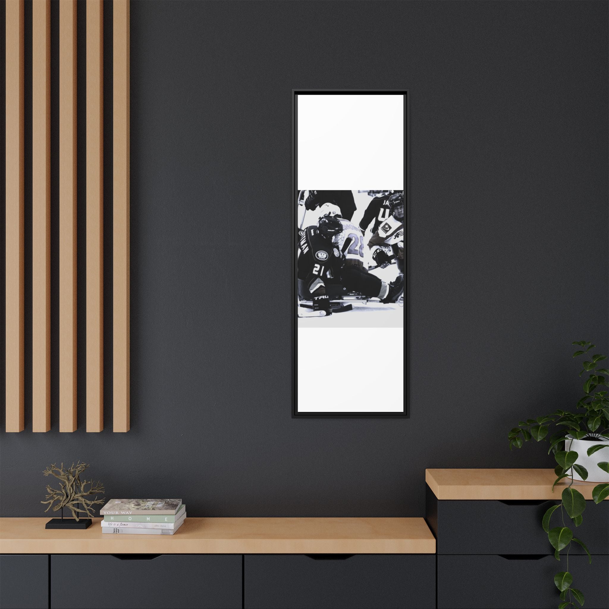 Framed Hockey Action Matte Canvas Print — Black & White Sports Wall Art