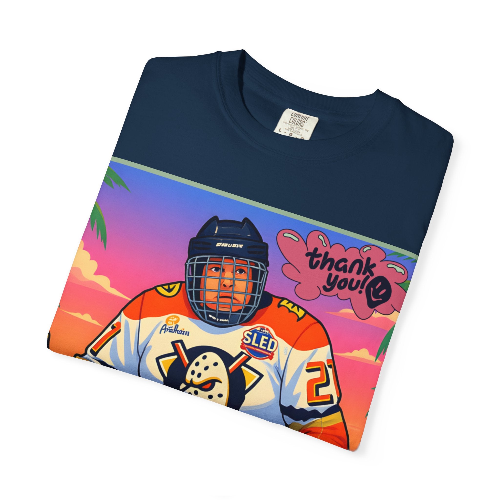 Hockey Tropics T‑Shirt — Sled Hockey Player with "Thank You" Graphic