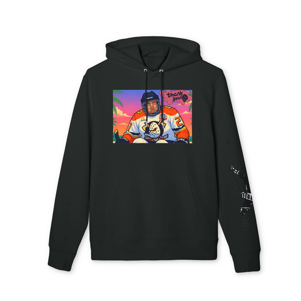 Hockey Player Graphic Hoodie — Retro Sunset Skate Design