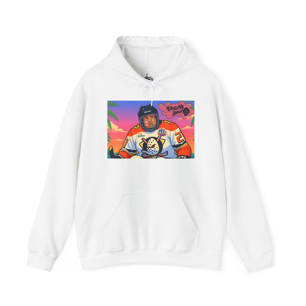 Hockey Player Retro Sunset Hoodie — Vintage Anaheim Skate Jersey Graphic