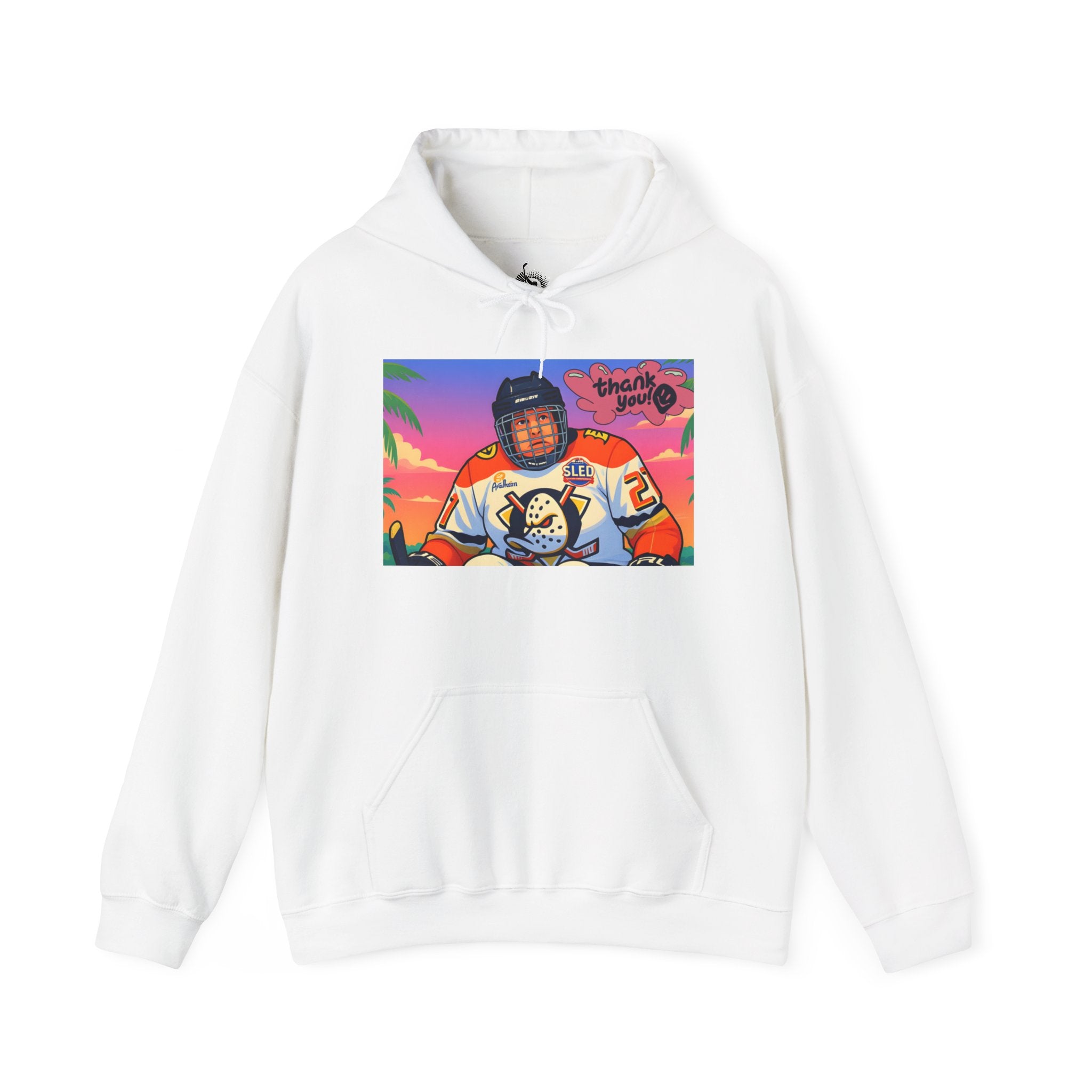 Hockey Player Retro Sunset Hoodie — Vintage Anaheim Skate Jersey Graphic