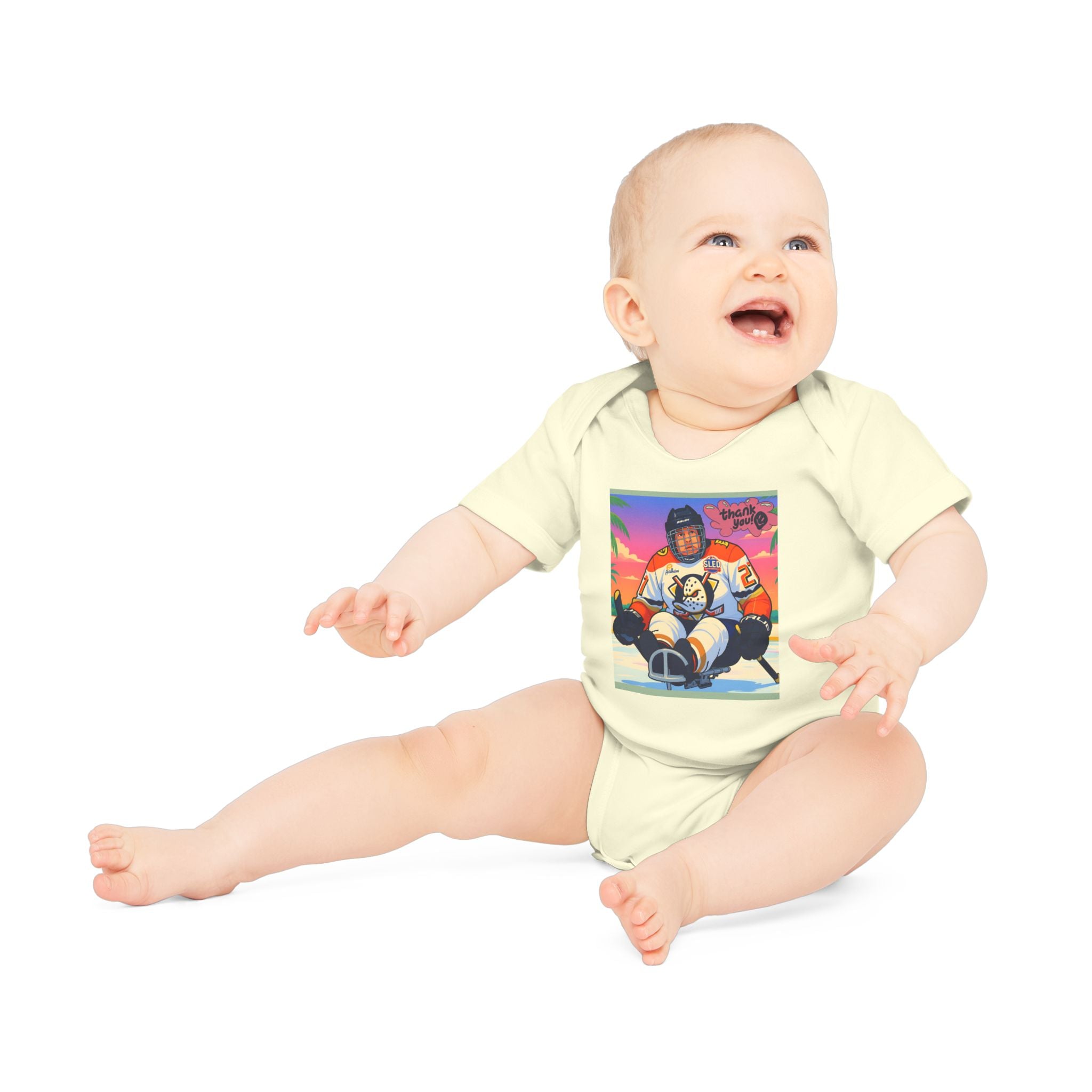 Hockey Baby Bodysuit — Cute Retro Goalie Graphic Organic Short Sleeve