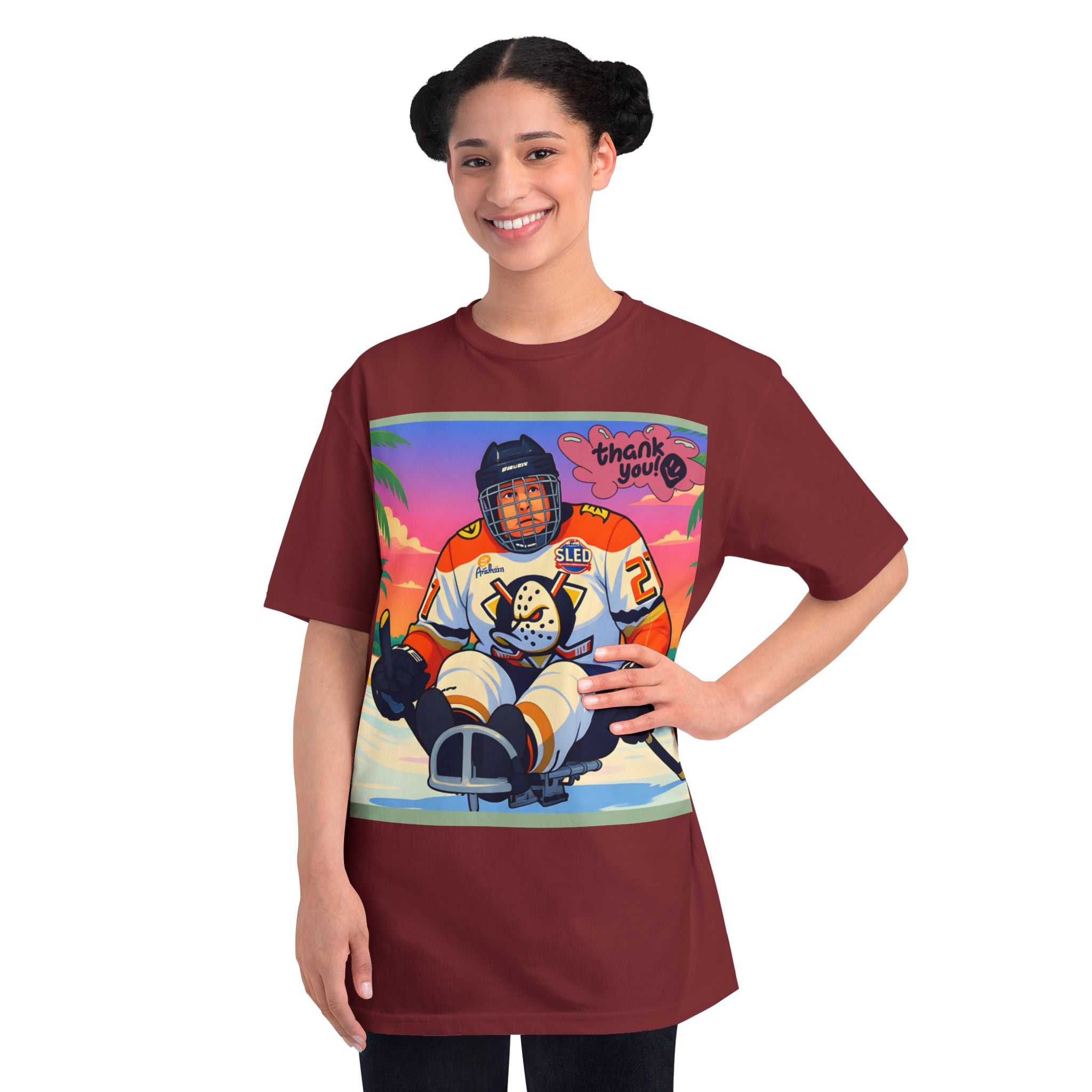 Hockey Sled Player Retro Sunset T-Shirt — 'thank you' Graphic