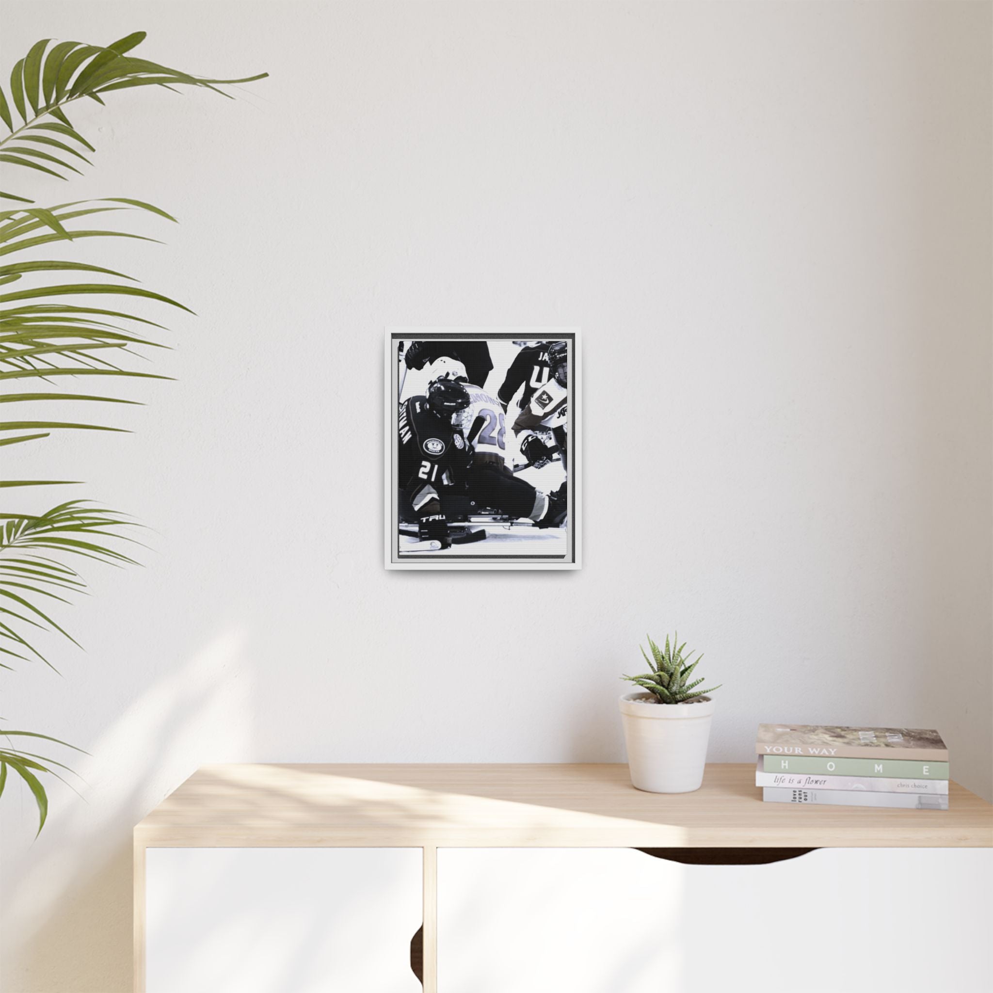 Framed Hockey Action Matte Canvas Print — Black & White Sports Wall Art