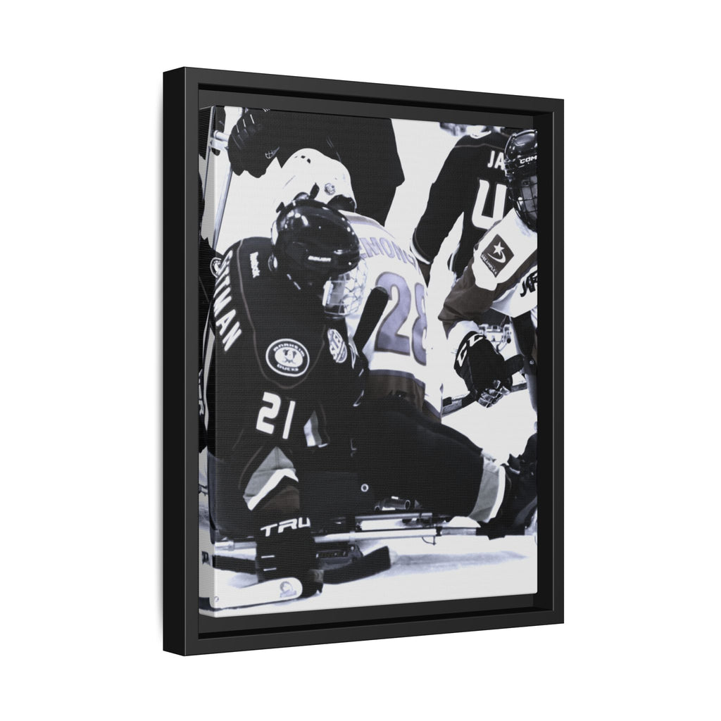 Framed Hockey Action Matte Canvas Print — Black & White Sports Wall Art